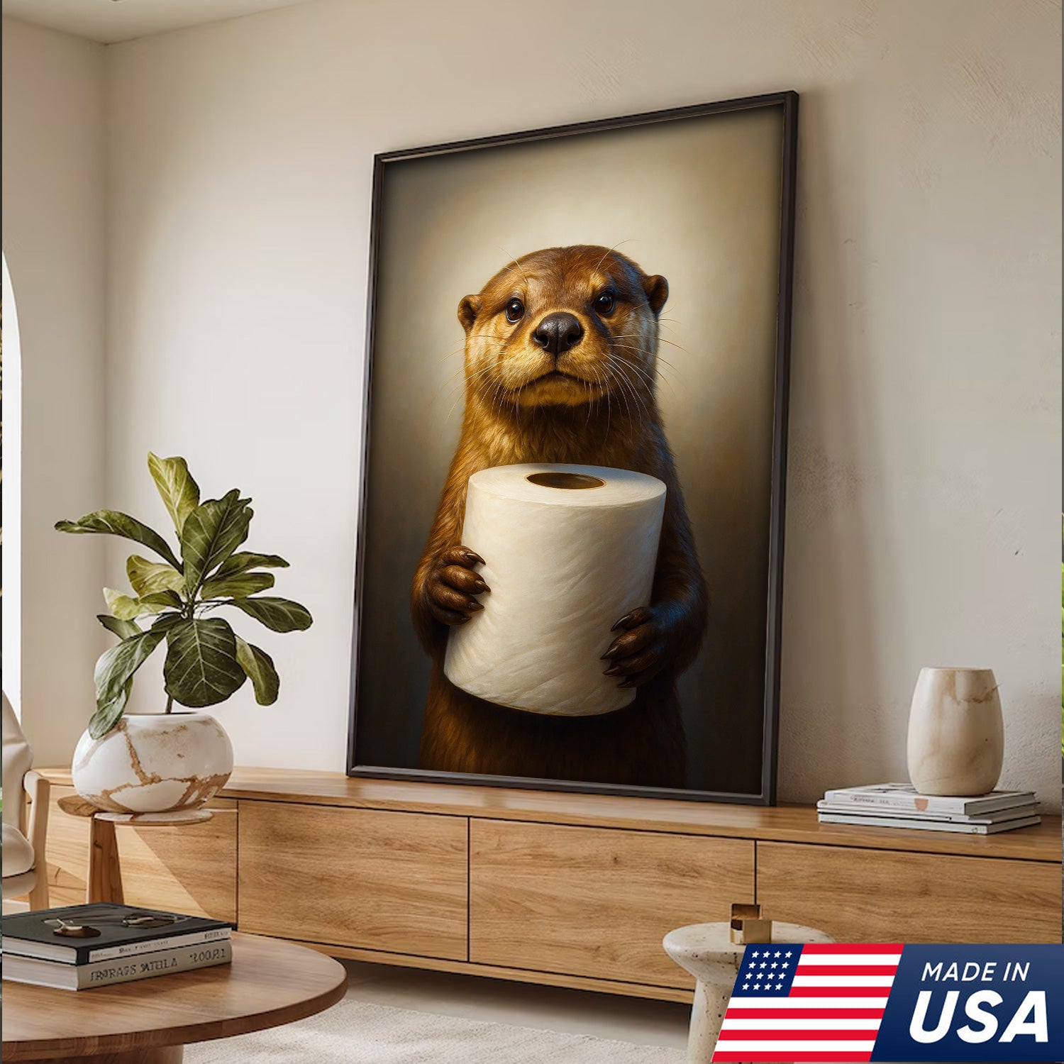 Funny Otter Canvas Wall Art - Cute Bathroom Decor with Toilet Paper - Rustic Wildlife Print