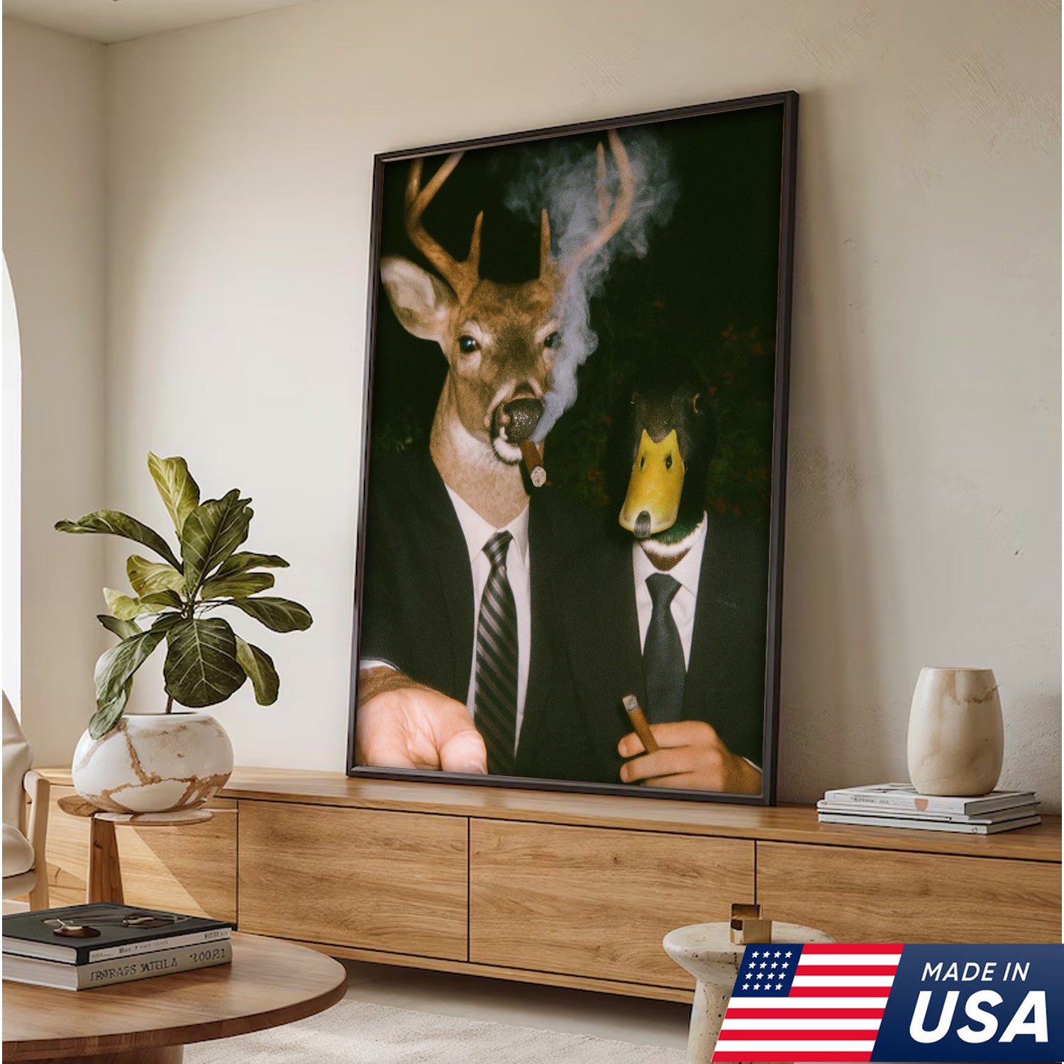 Funny Deer and Duck Canvas Wall Art - Hilarious Animal Duo in Suits - Unique Wildlife Artwork for Home Decor