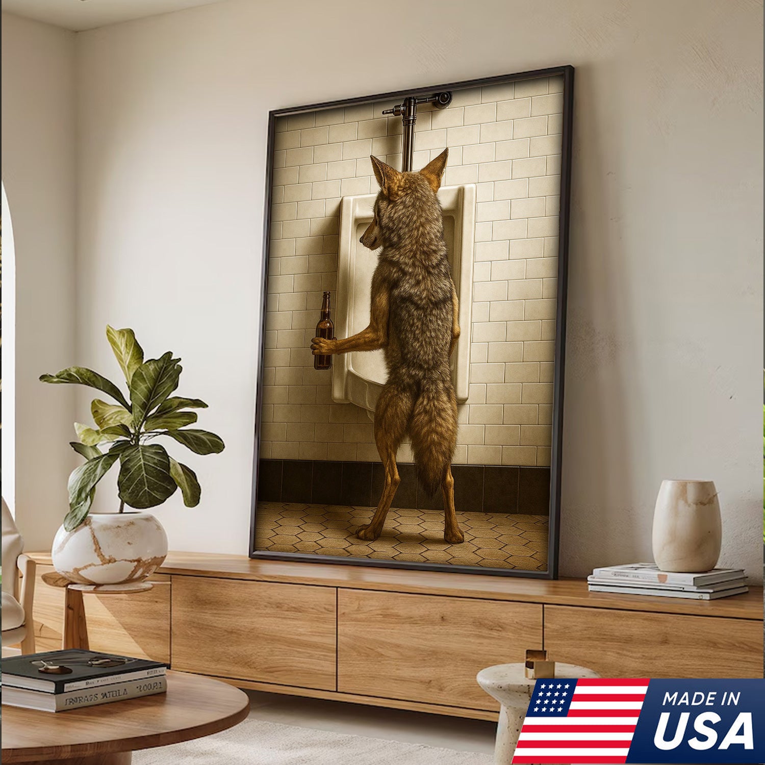 Hilarious Coyote Canvas Wall Art – Funny Bathroom Humor Decor – Rustic Hunting Cabin Gag Gift – Quirky Lodge Animal Artwork