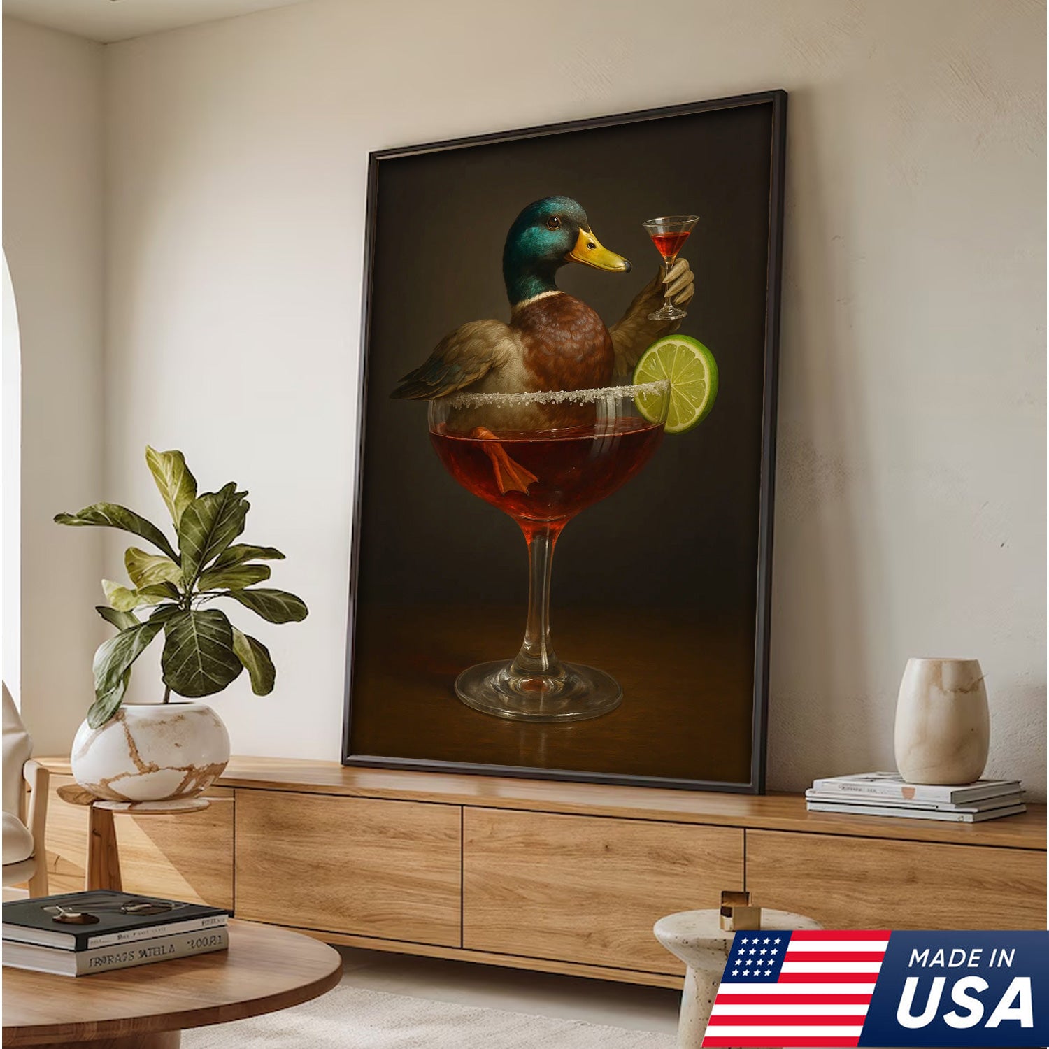Funny Mallard Duck Canvas Wall Art - Quirky Animal in Cocktail Glass Design - Unique Wildlife Artwork for Home Decor