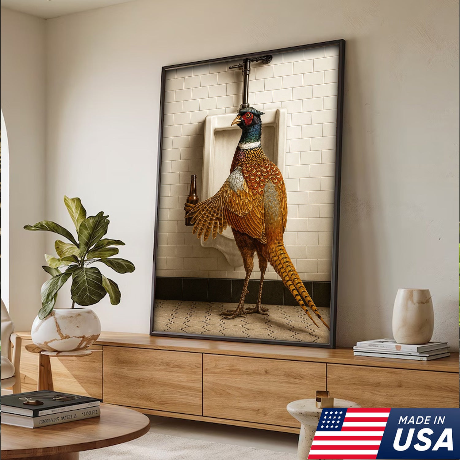 Funny Pheasant Canvas Wall Art – Hilarious Bathroom Humor Decor – Rustic Hunting Cabin Gag Gift – Quirky Lodge Animal Artwork