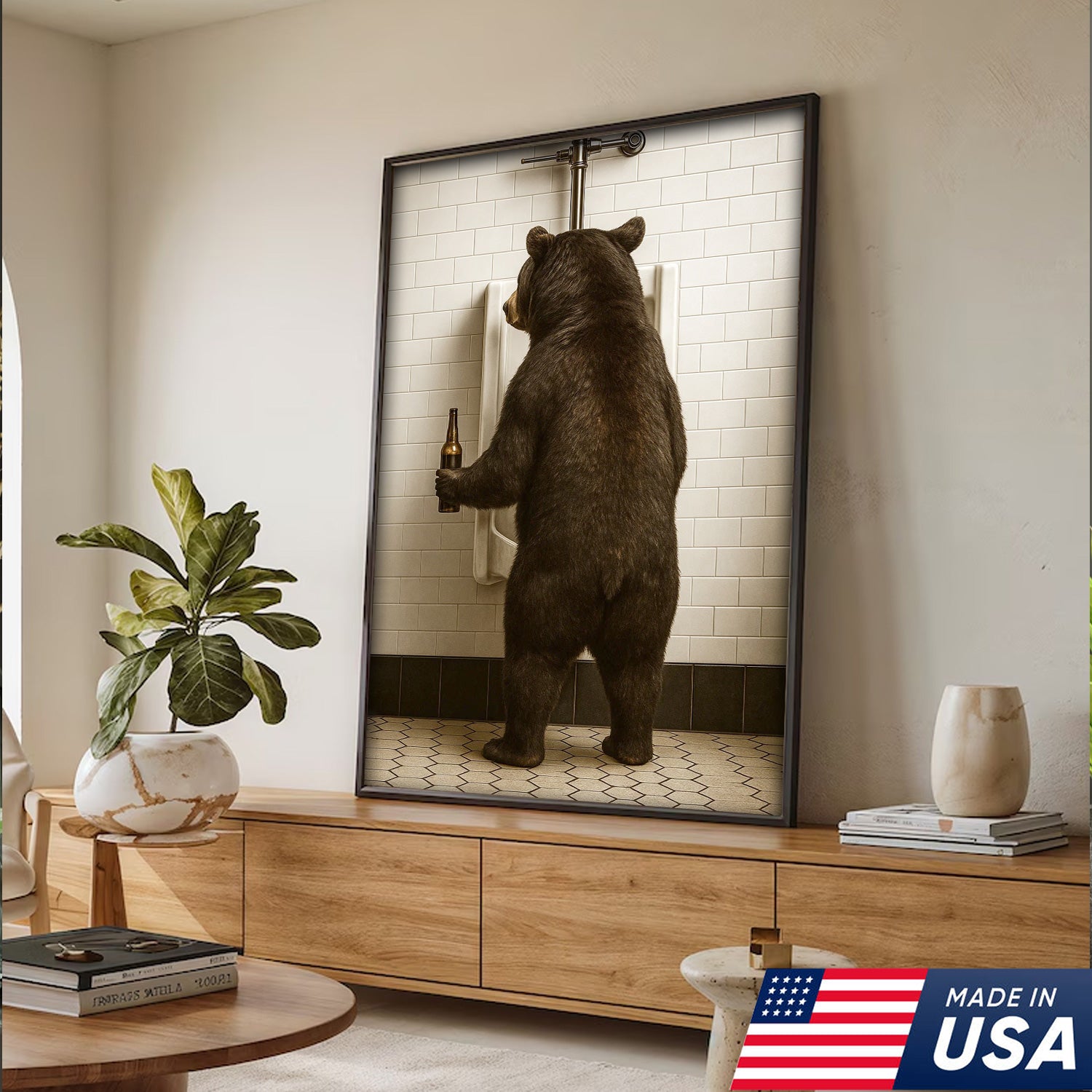 Funny Black Bear Canvas Wall Art – Hilarious Bathroom Humor Decor – Rustic Cabin Lodge Gag Gift – Quirky Hunting Camp Animal Artwork