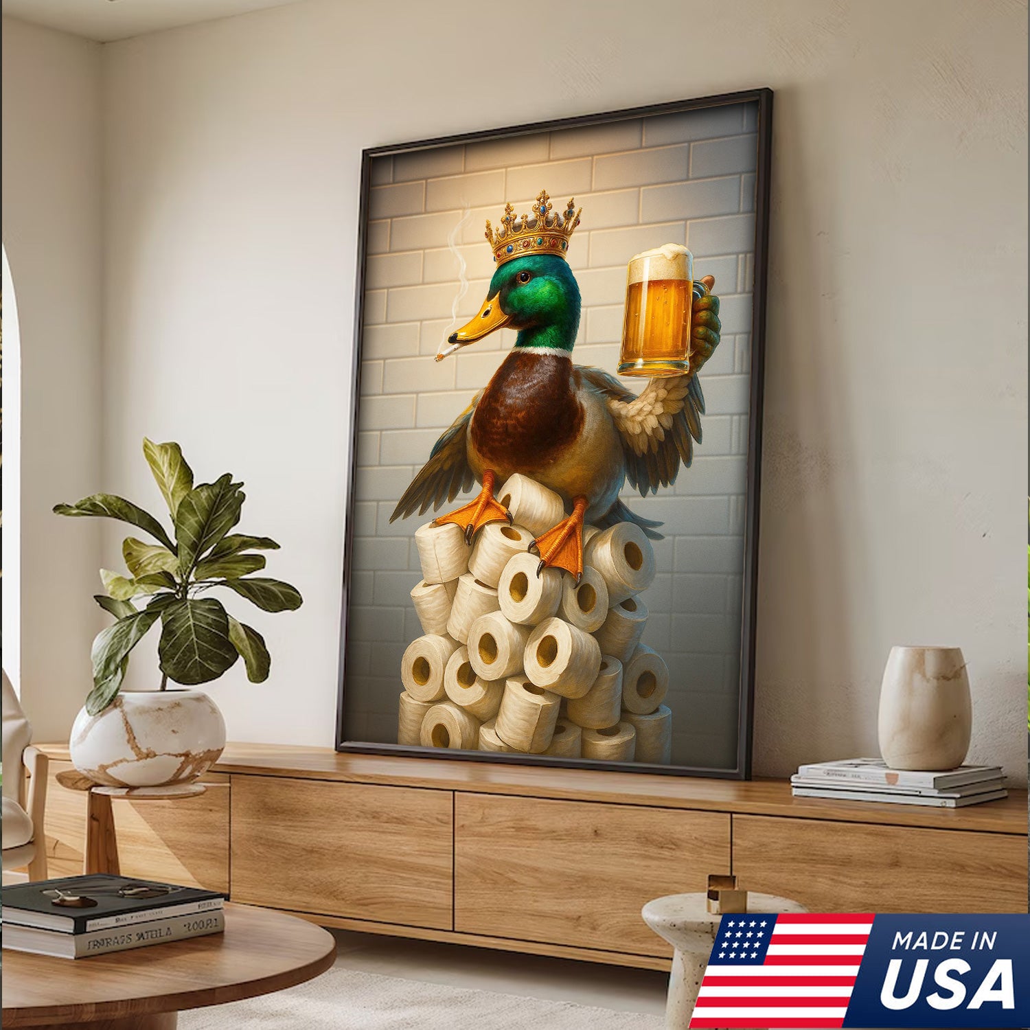Royal Duck Canvas Wall Art - Funny Bathroom Decor with Crown and Beer - Rustic Wildlife Lodge Print