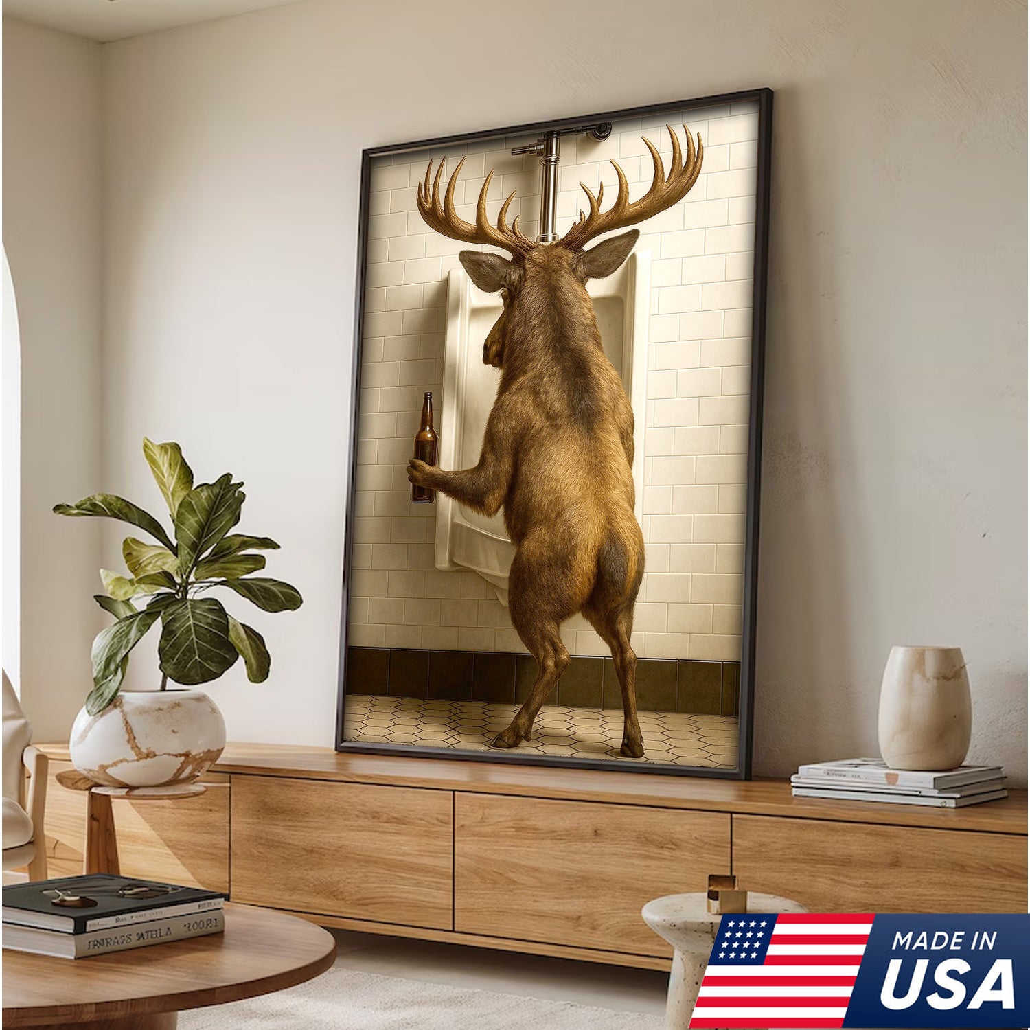 Funny Elk Canvas Wall Art - Rustic Bathroom Lodge Decor for Hunters - Unique Wildlife Cabin Print