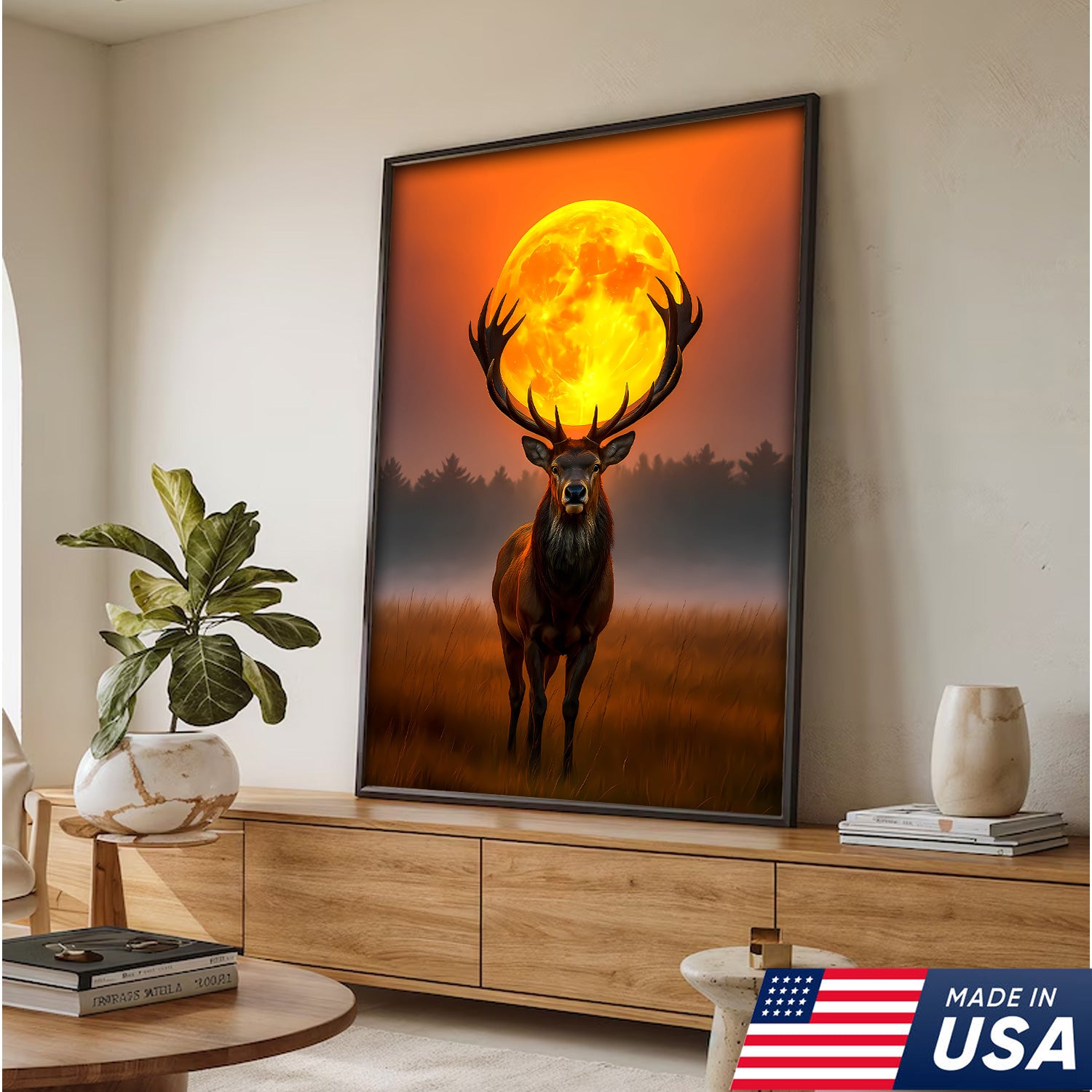 Majestic Elk Full Moon Canvas Wall Art – Hunting Cabin Decor Gift for Hunters