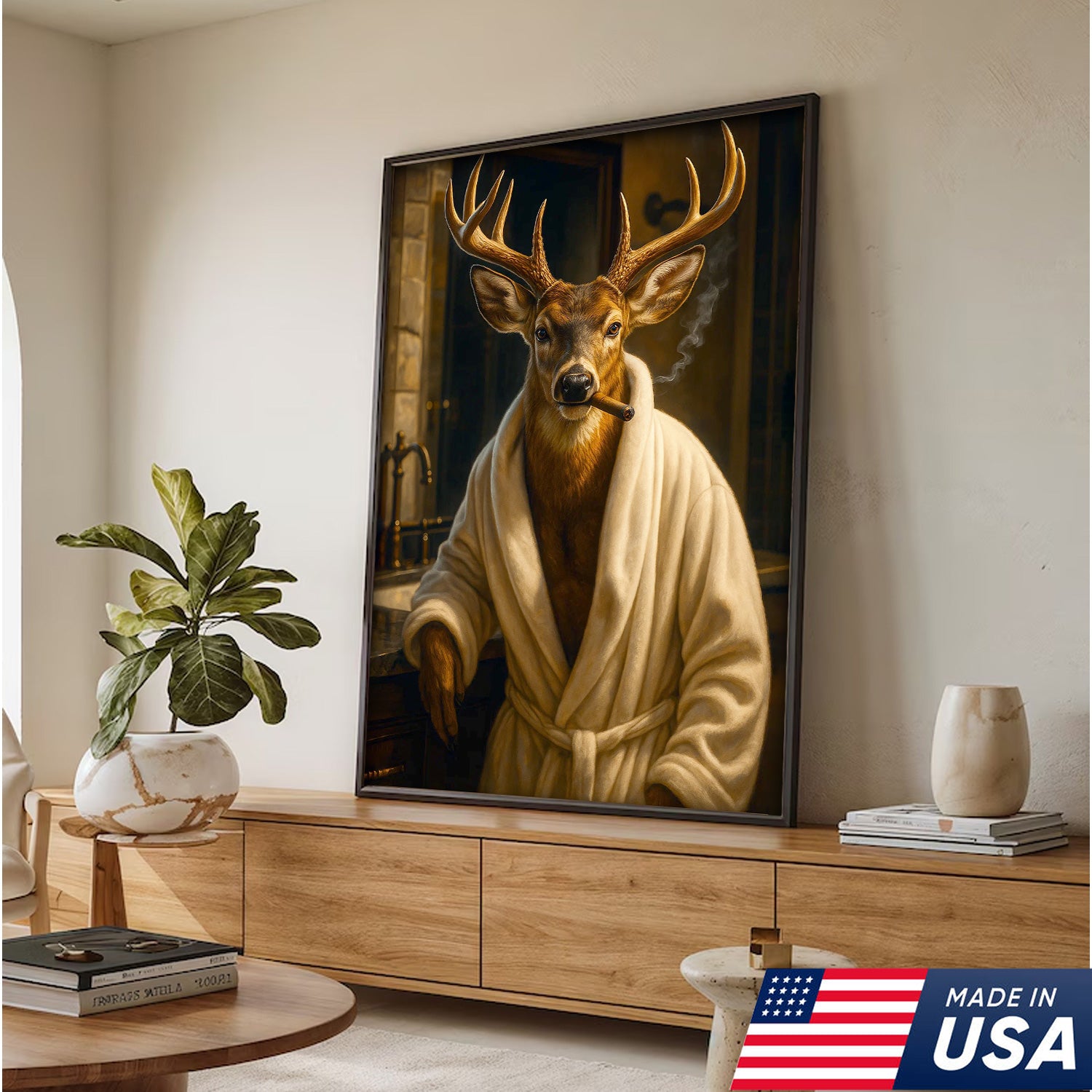 Deer Canvas Wall Art – Stylish Buck in Bathrobe Smoking Cigar Rustic Bathroom Decor for Hunters