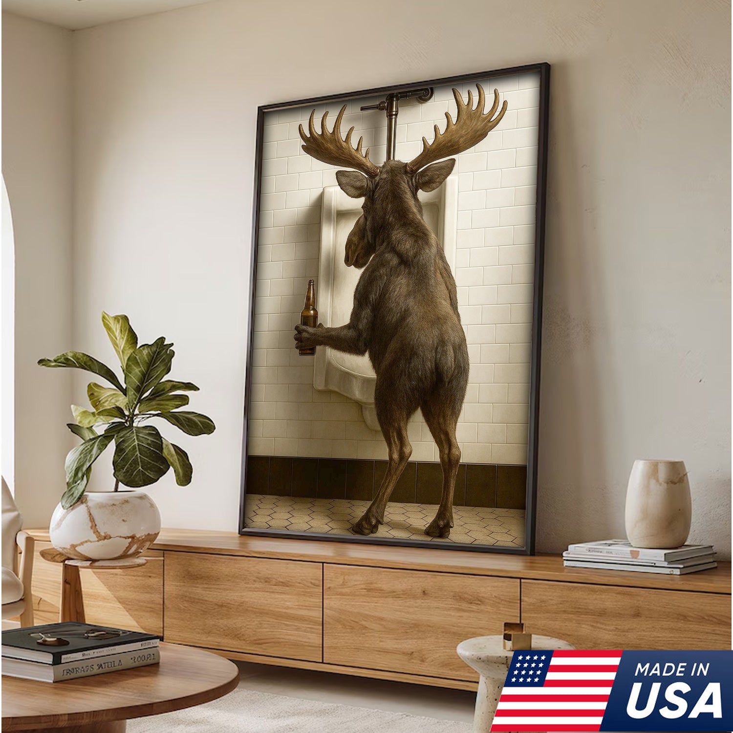 Moose Bathroom Canvas Wall Art - Funny Rustic Lodge Decor for Cabin and Hunting Enthusiasts - Wildlife Humor Print