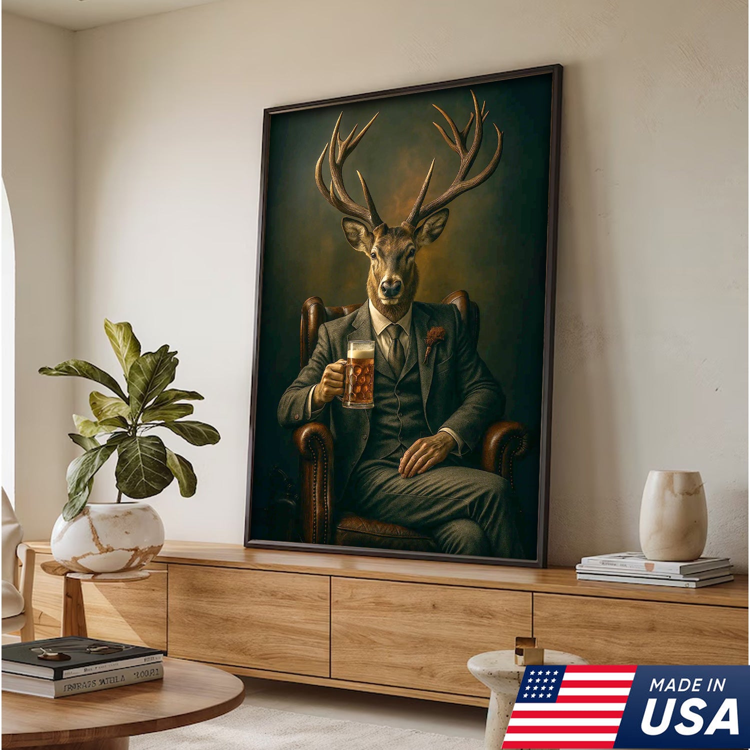 Deer Canvas Wall Art – Sophisticated Buck in Suit Holding Beer Rustic Lodge Decor for Hunters