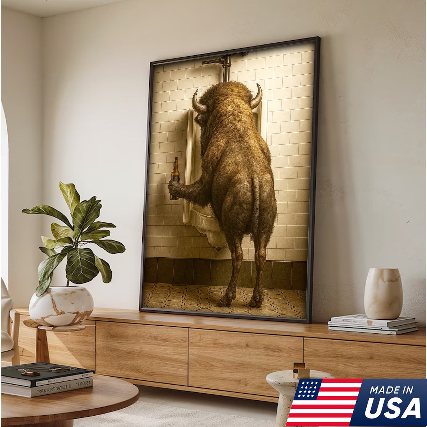 Funny Bison Canvas Wall Art - Rustic Bathroom Lodge Decor for Hunters - Unique Wildlife Cabin Print
