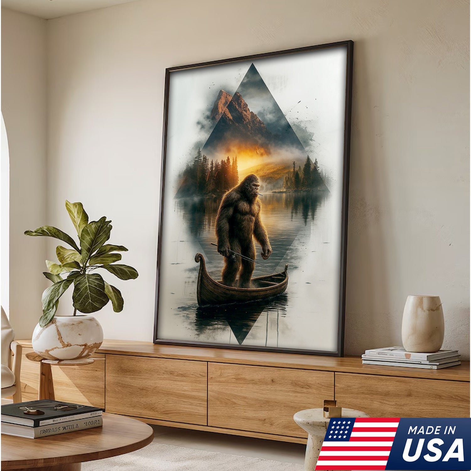 Bigfoot Fishing On Wooden Boat Adventure Canvas Wall Art – Mysterious Forest Lake Decor – Rustic Cabin & Lodge Artwork