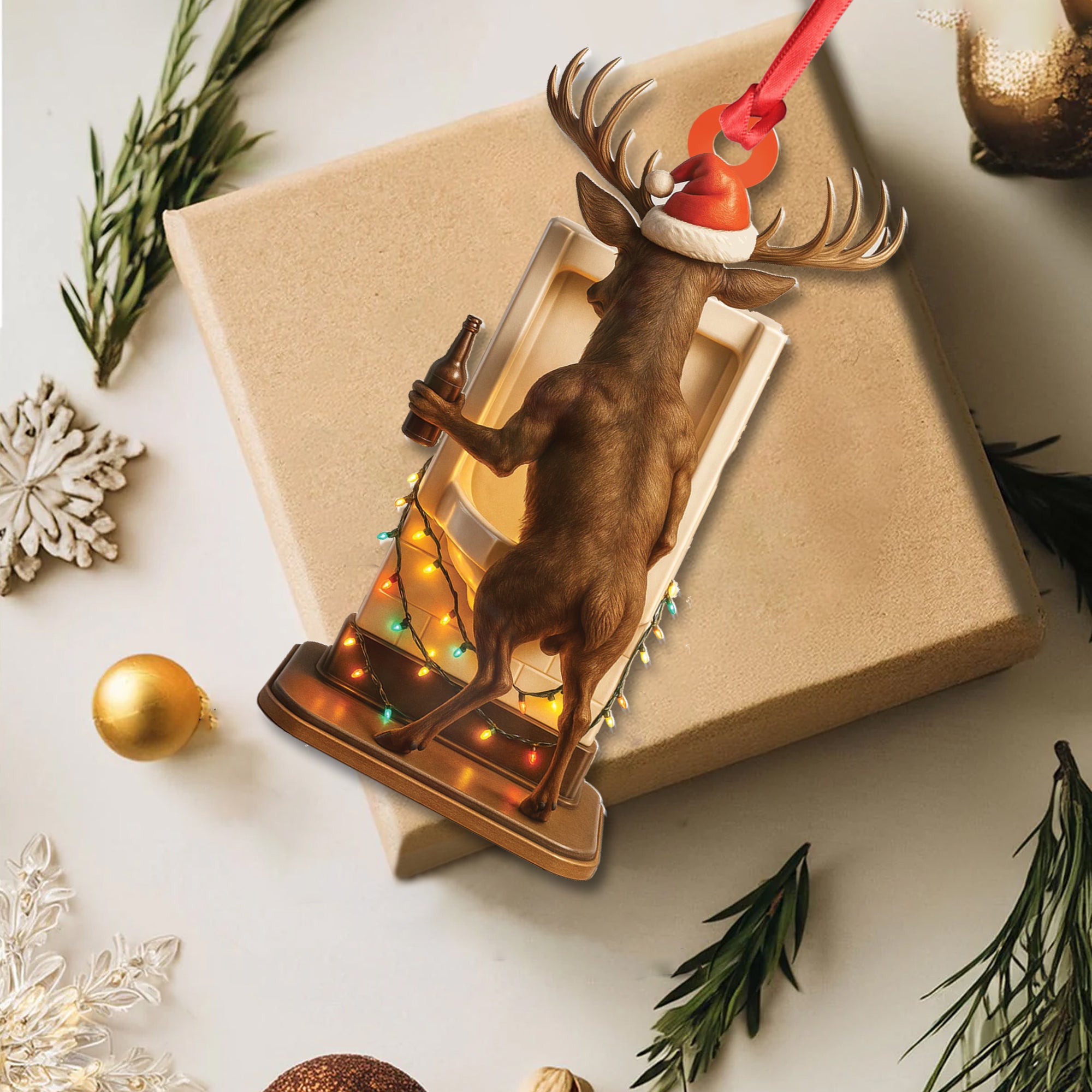 Personalized Acrylic Deer Christmas Ornament – Funny Buck with Santa Hat Drinking Beer by Urinal Holiday Decor