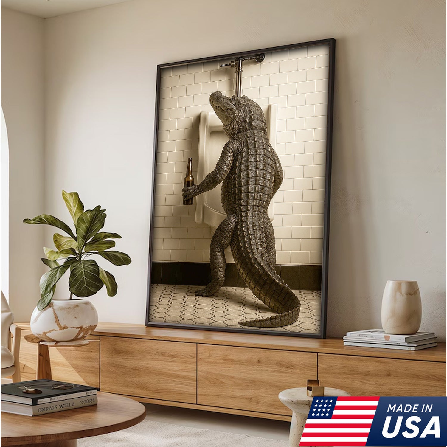 Alligator Bathroom Canvas Wall Art - Funny Rustic Lodge Decor for Cabin, Bar, and Wildlife Lovers - Unique Gator Print