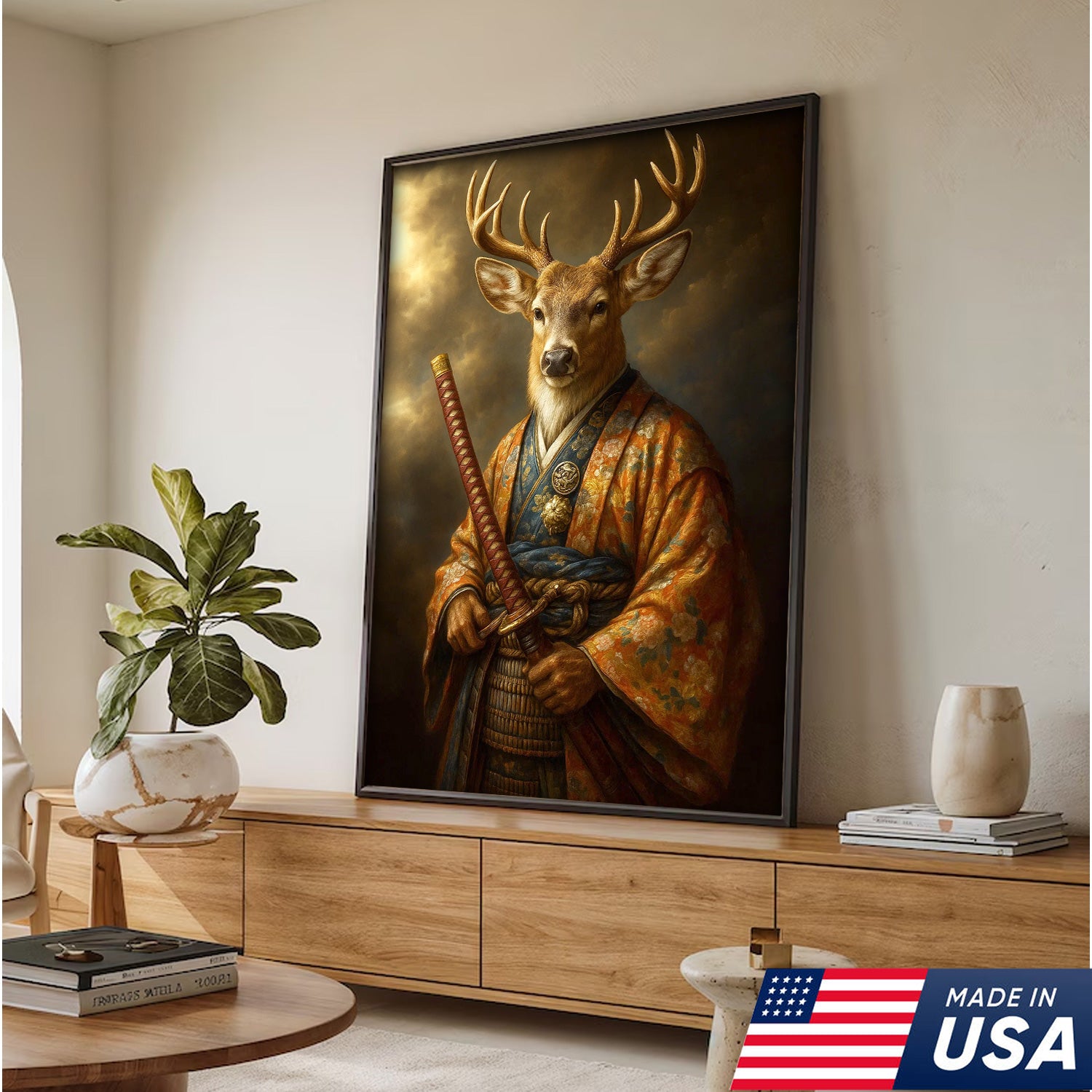 Deer Canvas Wall Art – Majestic Samurai Buck with Katana Warrior Rustic Lodge Decor