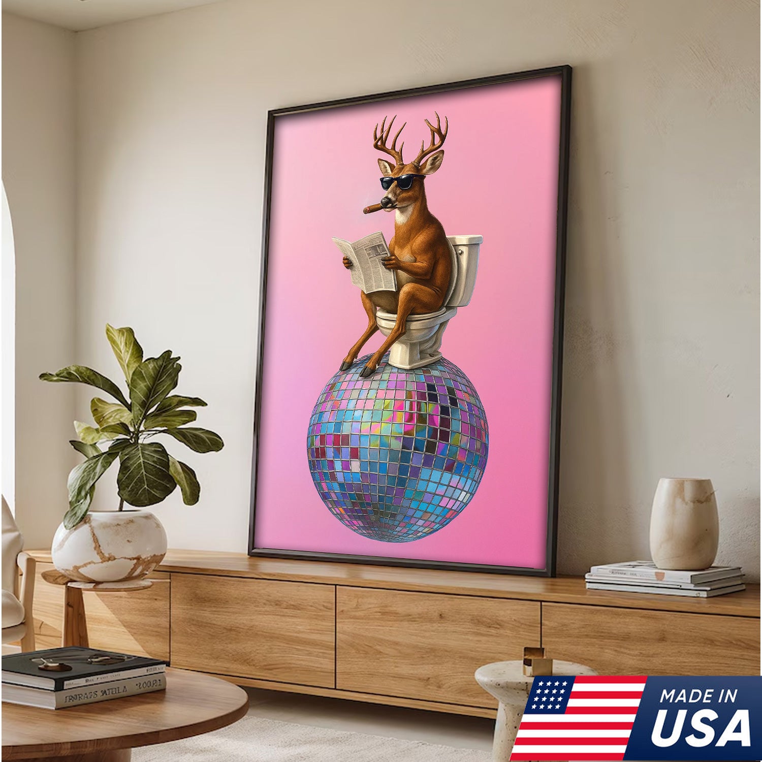 Deer Canvas Wall Art – Funny Buck Reading Newspaper on Toilet with Disco Ball Unique Bathroom Decor