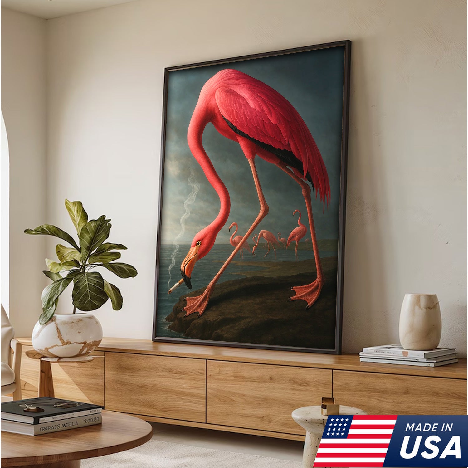 Cool Flamingo Canvas Wall Art – Funny Pink Bird Beach Decor – Unique Coastal Wildlife Print