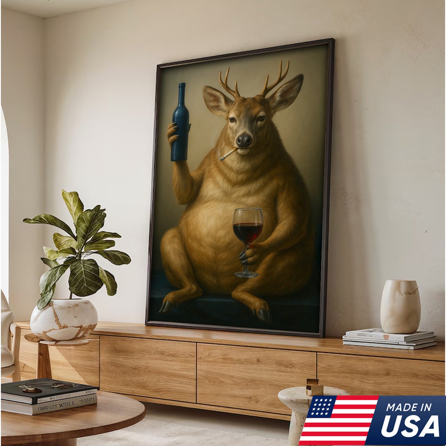 Funny Deer Wall Art Canvas – Fat Buck with Wine Glass Rustic Lodge Decor – Whimsical Wildlife Hunting Home Decoration