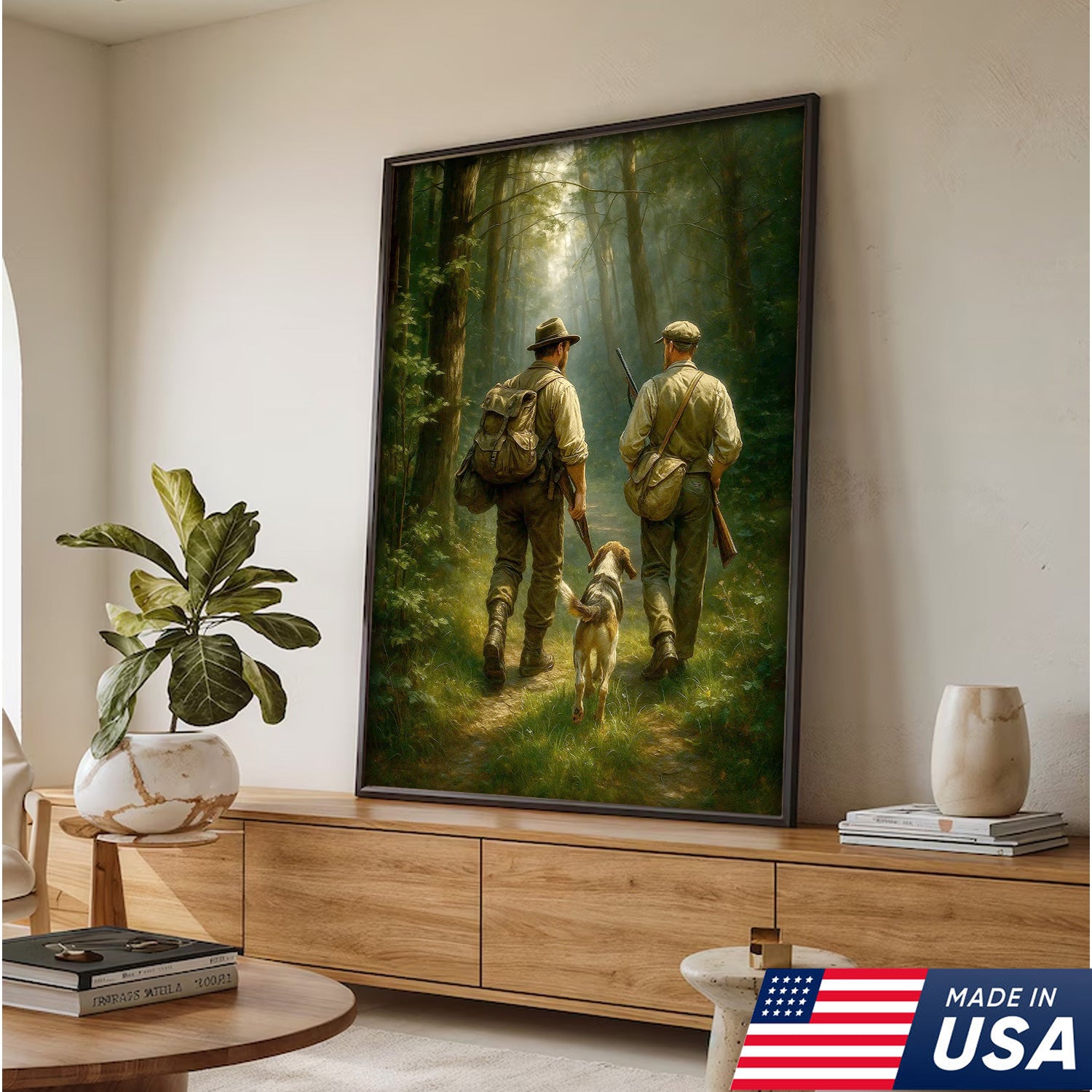 Hunting Canvas Wall Art – Hunters Walking with Dog in Forest – Rustic Cabin Decor for Lodge and Outdoor Enthusiasts