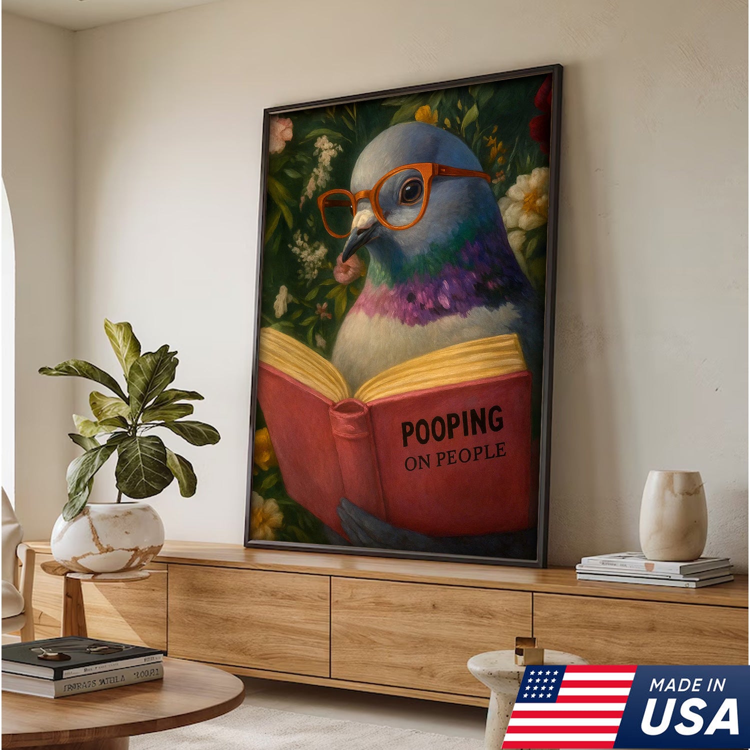 Funny Pigeon Canvas Wall Art - Reading Bird with Glasses Design - Quirky Animal Artwork for Home Decor