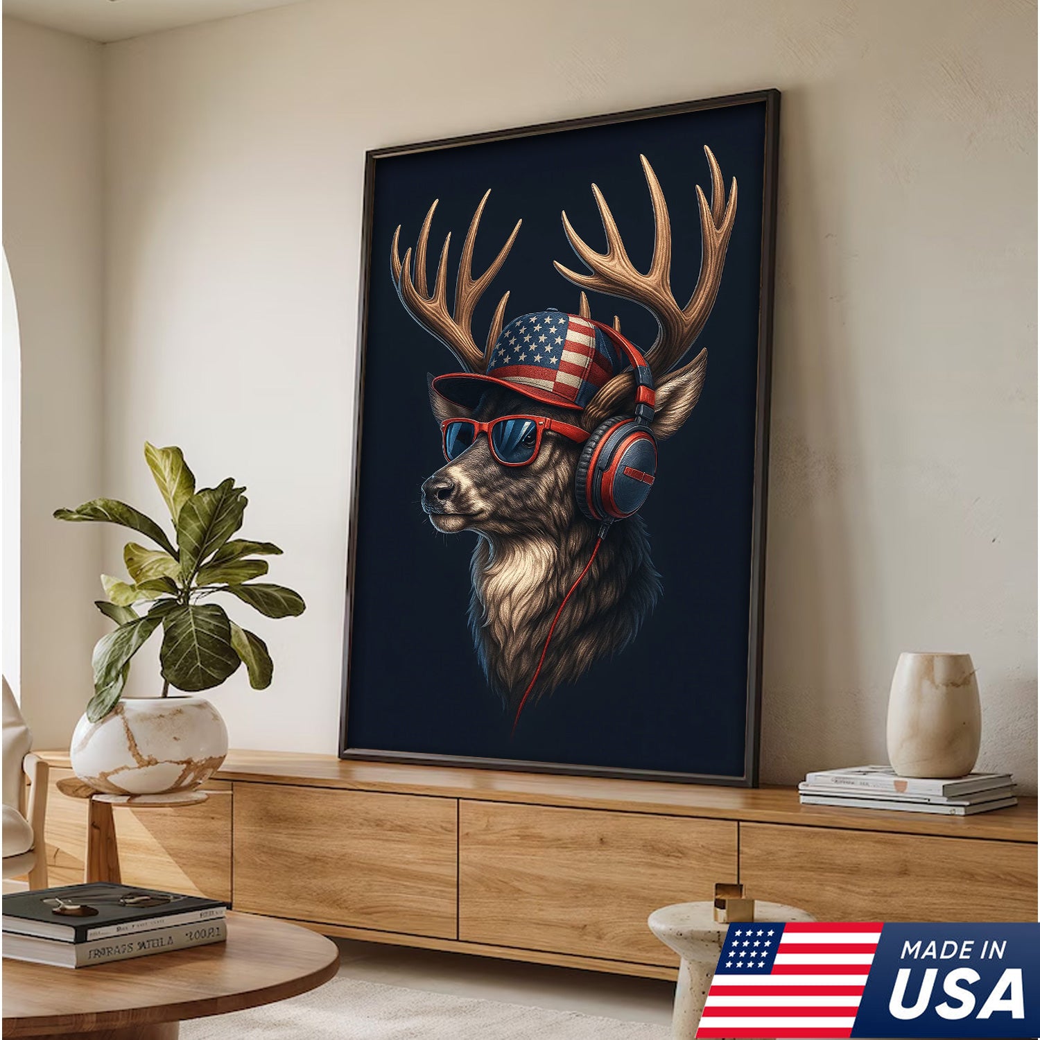 Patriotic Deer Wall Art Canvas – Cool Buck with American Flag Hat and Headphones – Rustic Hunting Lodge Decor USA