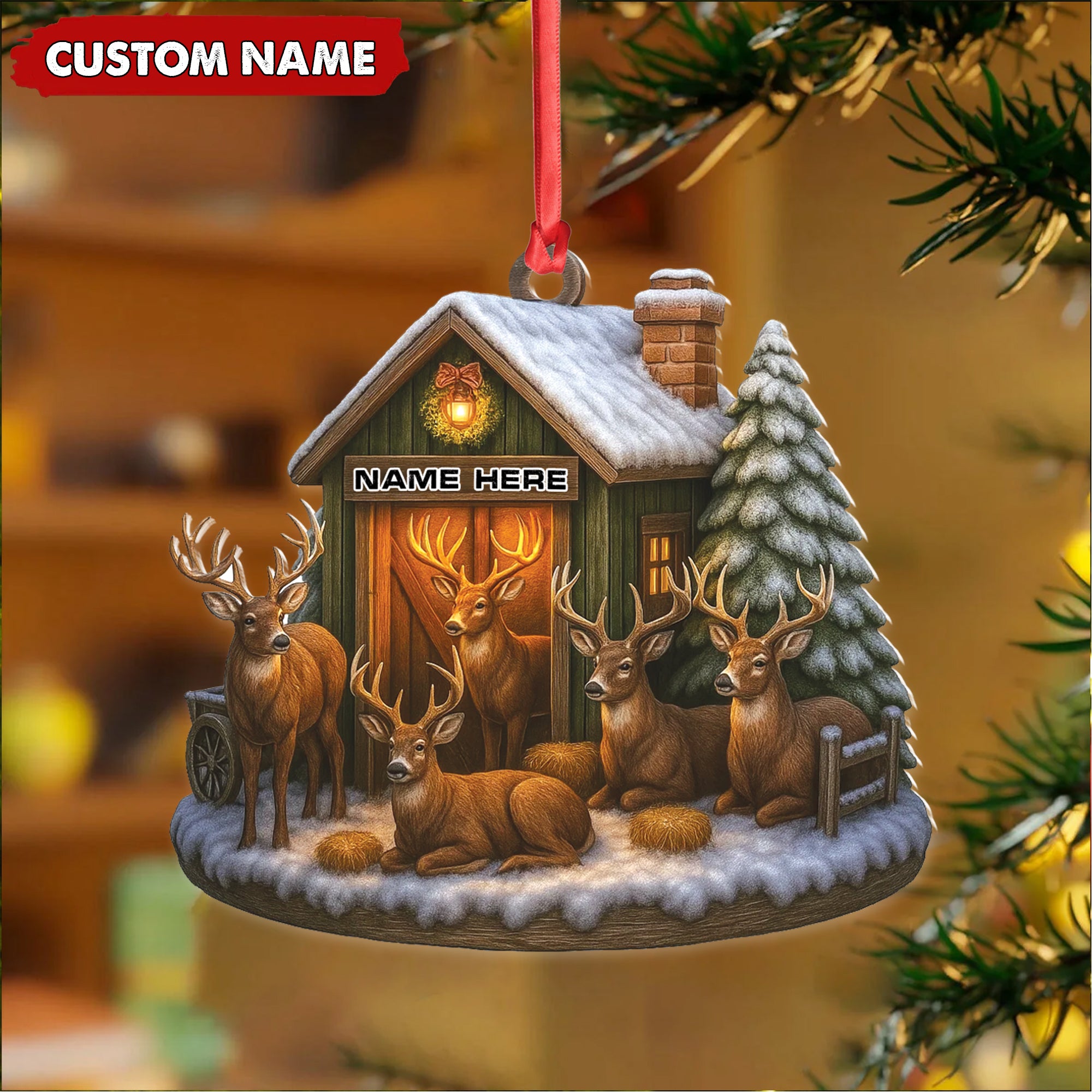 Personalized Acrylic Deer Family Christmas Ornament – Rustic Holiday Cabin Decor for Hunters & Wildlife Lovers