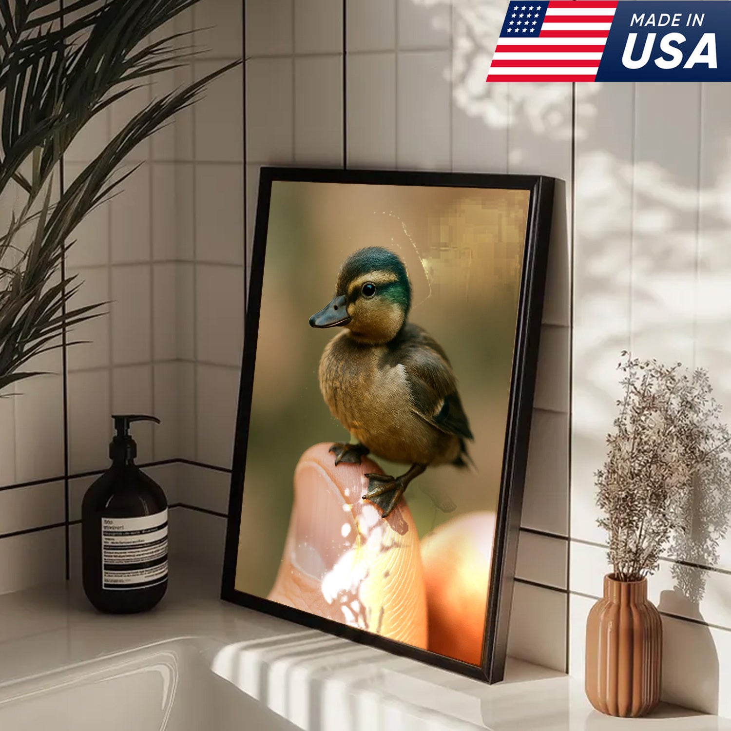 Cute Baby Duck Canvas Wall Art - Adorable Duckling Perched on Finger - Nature Wildlife Artwork for Home Decor