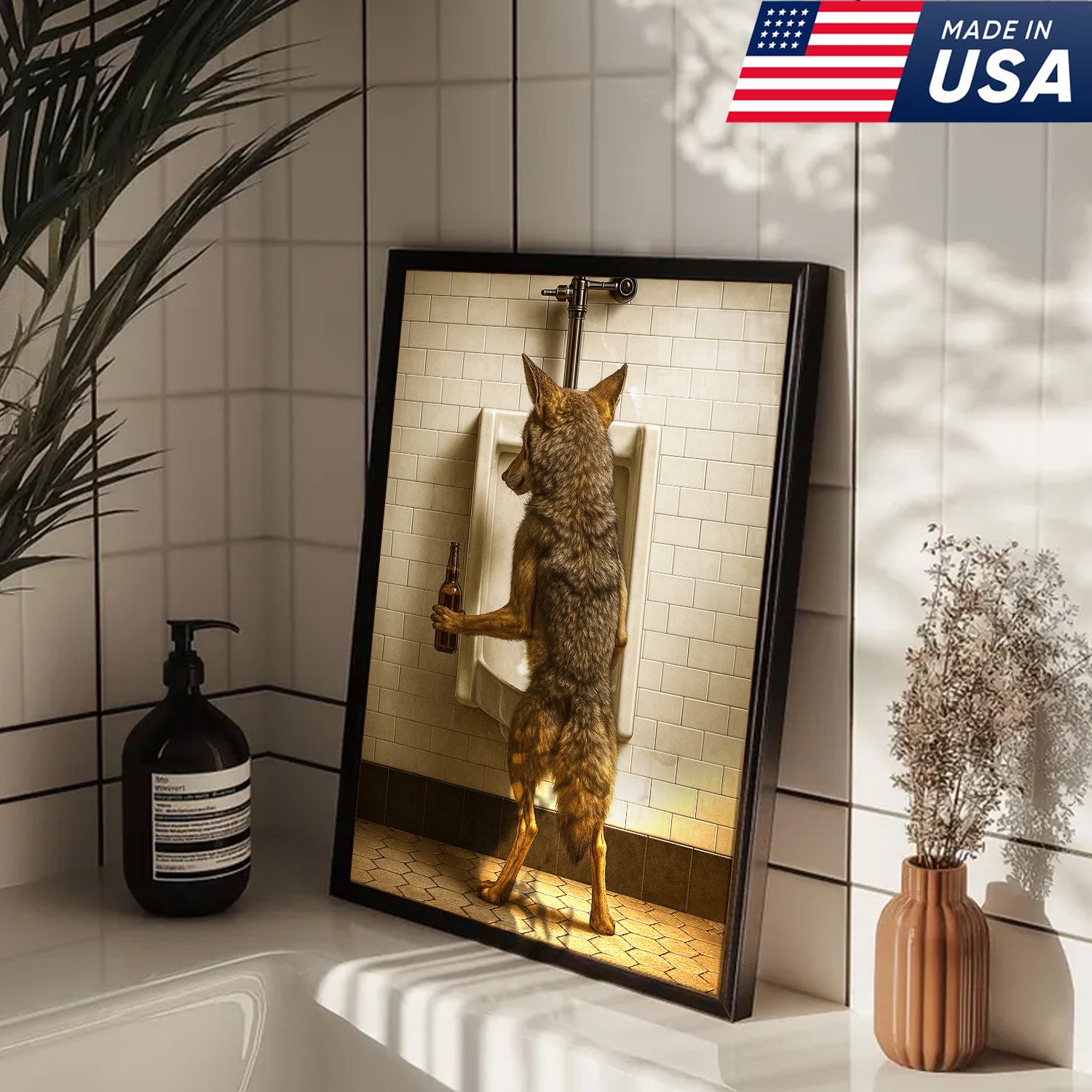 Hilarious Coyote Canvas Wall Art – Funny Bathroom Humor Decor – Rustic Hunting Cabin Gag Gift – Quirky Lodge Animal Artwork