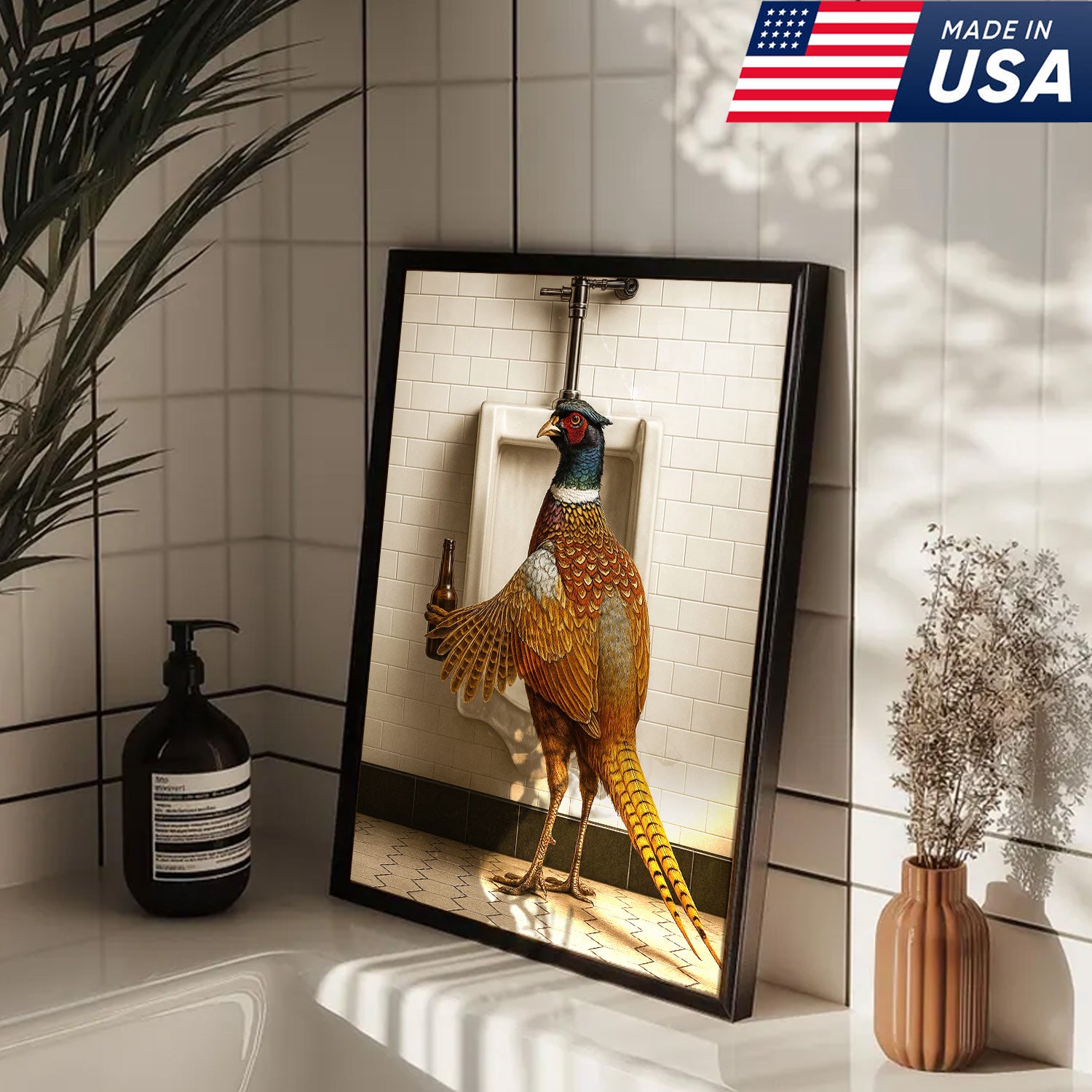 Funny Pheasant Canvas Wall Art – Hilarious Bathroom Humor Decor – Rustic Hunting Cabin Gag Gift – Quirky Lodge Animal Artwork