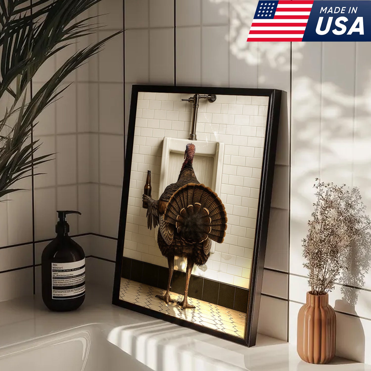 Hilarious Turkey Canvas Wall Art – Funny Bathroom Humor Decor – Rustic Hunting Cabin Gag Gift – Quirky Lodge Farmhouse Animal Artwork