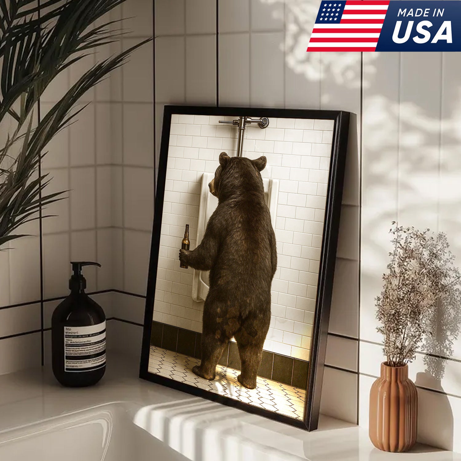 Funny Black Bear Canvas Wall Art – Hilarious Bathroom Humor Decor – Rustic Cabin Lodge Gag Gift – Quirky Hunting Camp Animal Artwork