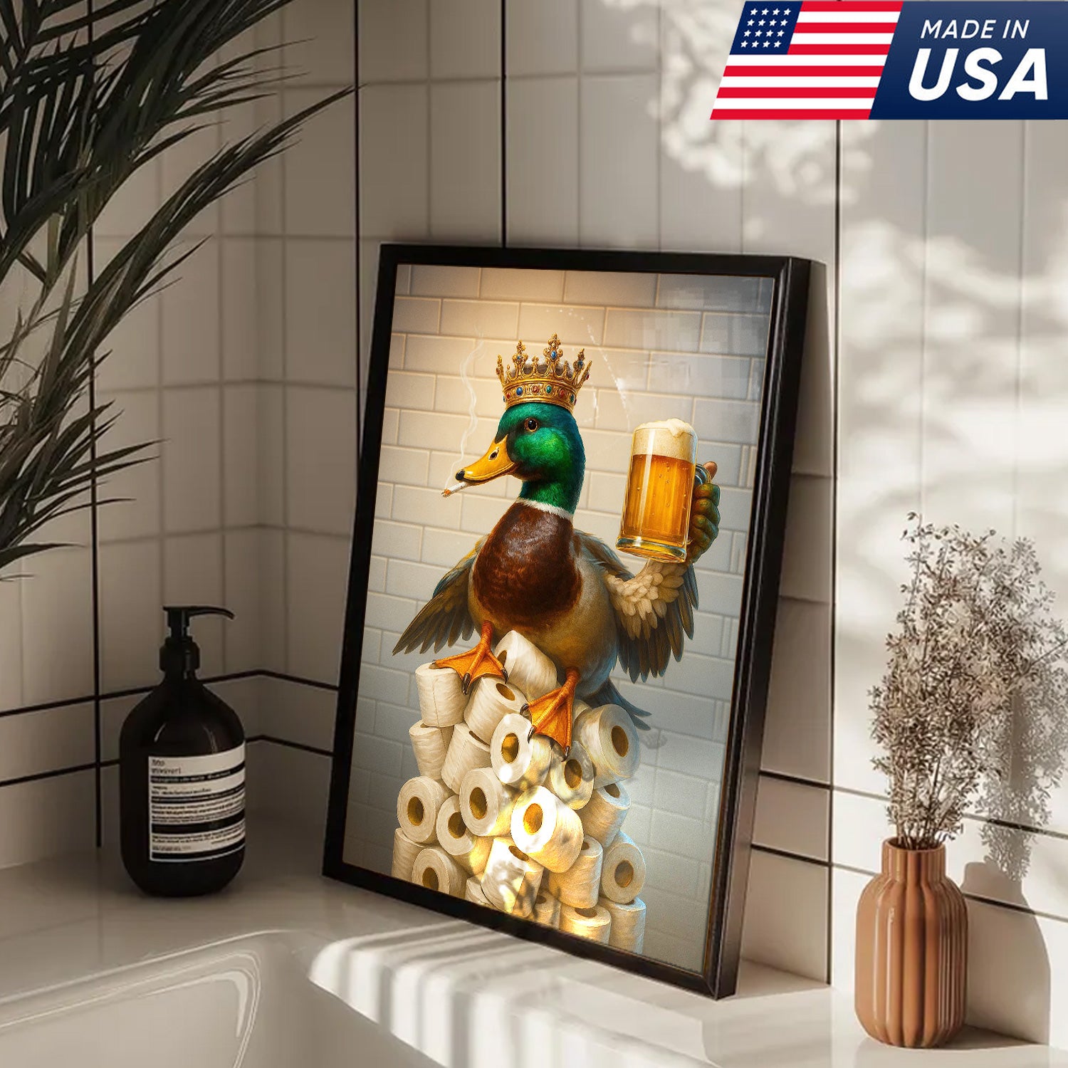 Royal Duck Canvas Wall Art - Funny Bathroom Decor with Crown and Beer - Rustic Wildlife Lodge Print