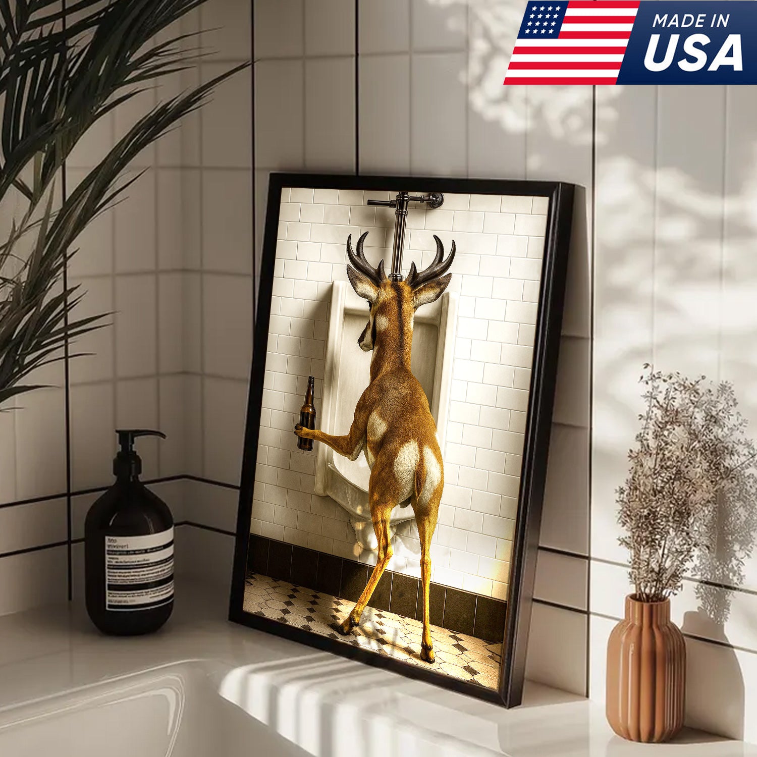Funny Pronghorn Canvas Wall Art - Rustic Bathroom Lodge Decor for Hunters - Unique Wildlife Cabin Print