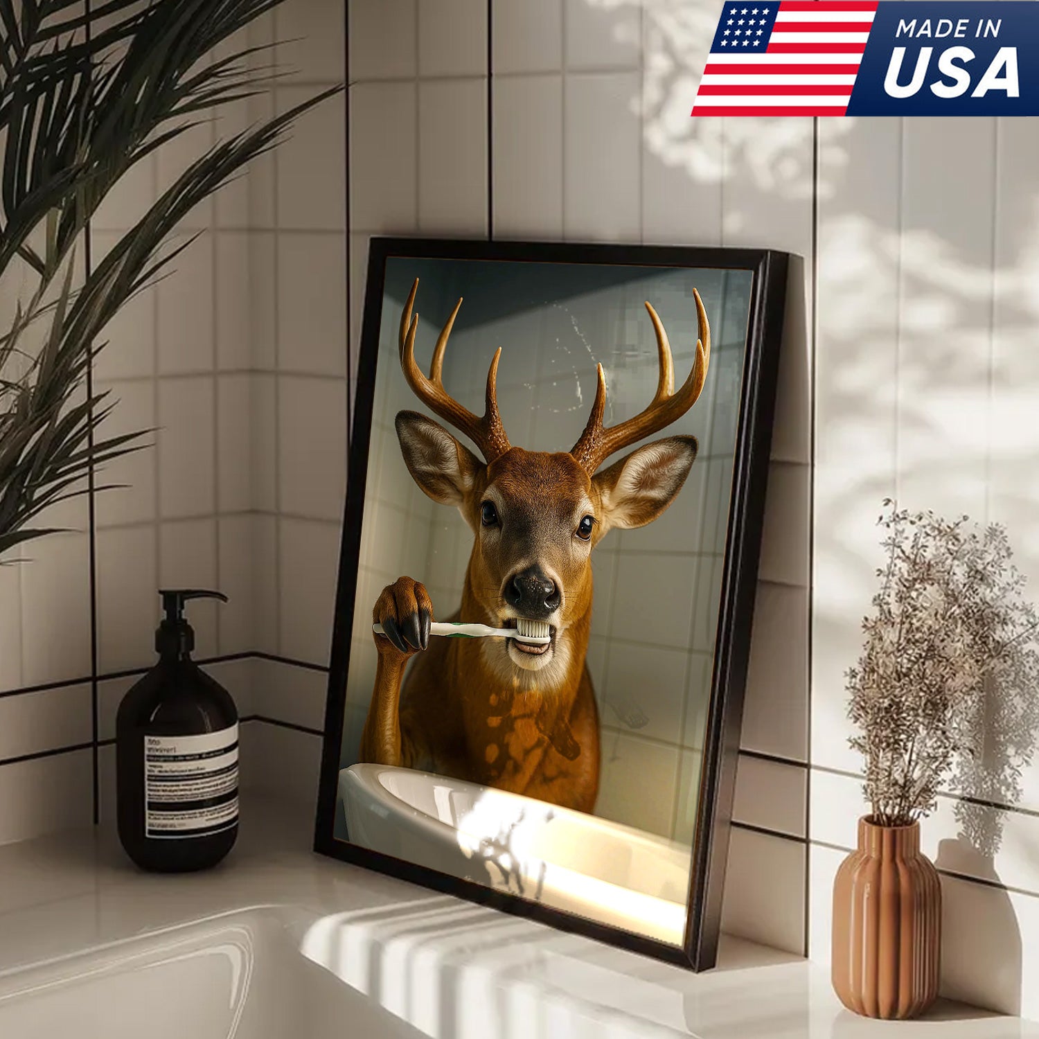 Deer Canvas Wall Art – Funny Buck Brushing Teeth Unique Bathroom Decor for Hunters