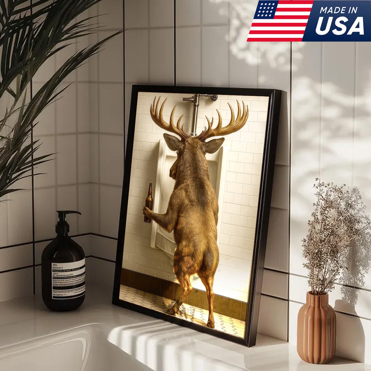 Funny Elk Canvas Wall Art - Rustic Bathroom Lodge Decor for Hunters - Unique Wildlife Cabin Print