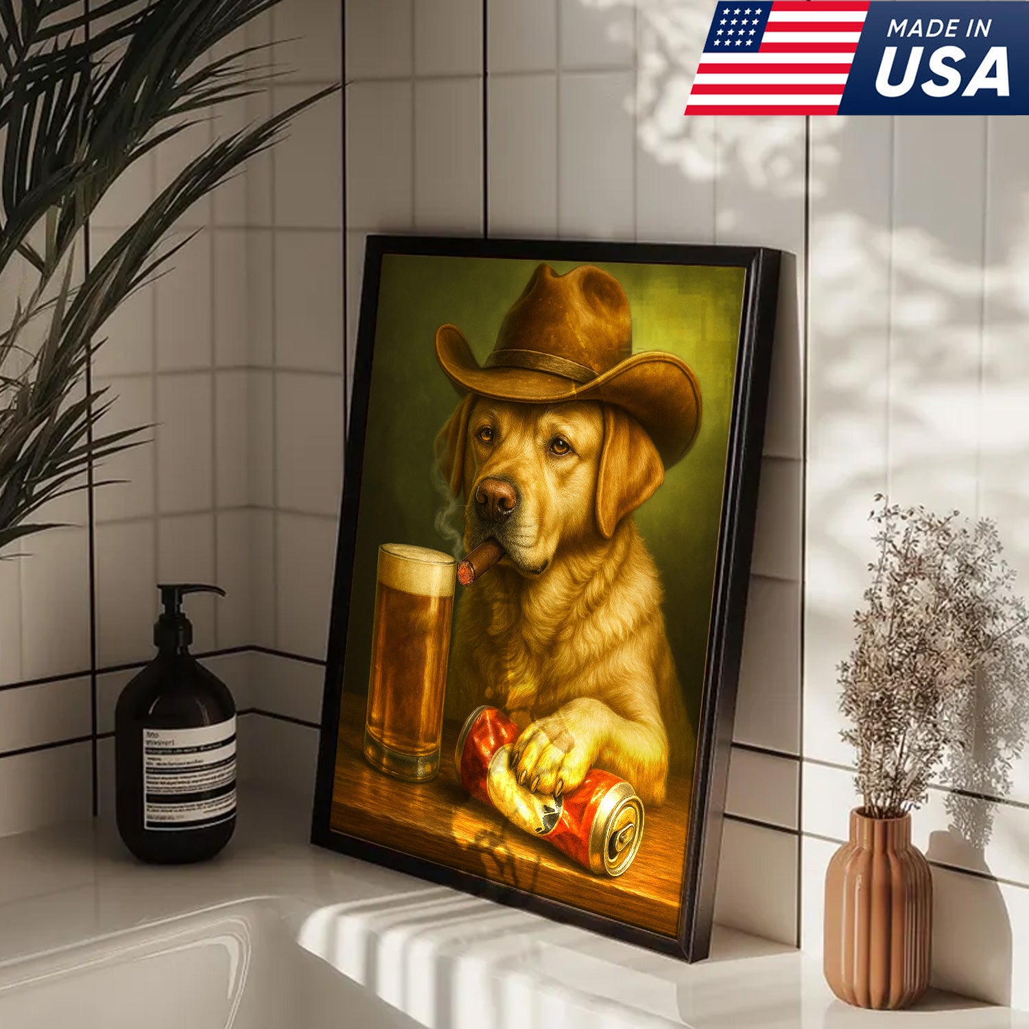Funny Cowboy Dog Wall Art – Funny Beer & Smoking Canvas For Hunters, Bar & Man Cave Decor