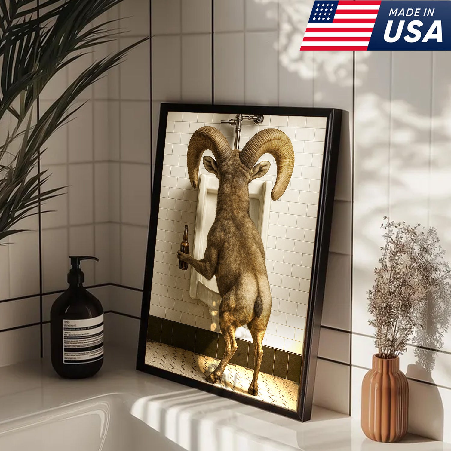 Humorous Big Horn Sheep Canvas Wall Art - Rustic Lodge Bathroom Decor for Cabin and Farmhouse - Wildlife Lover Gift