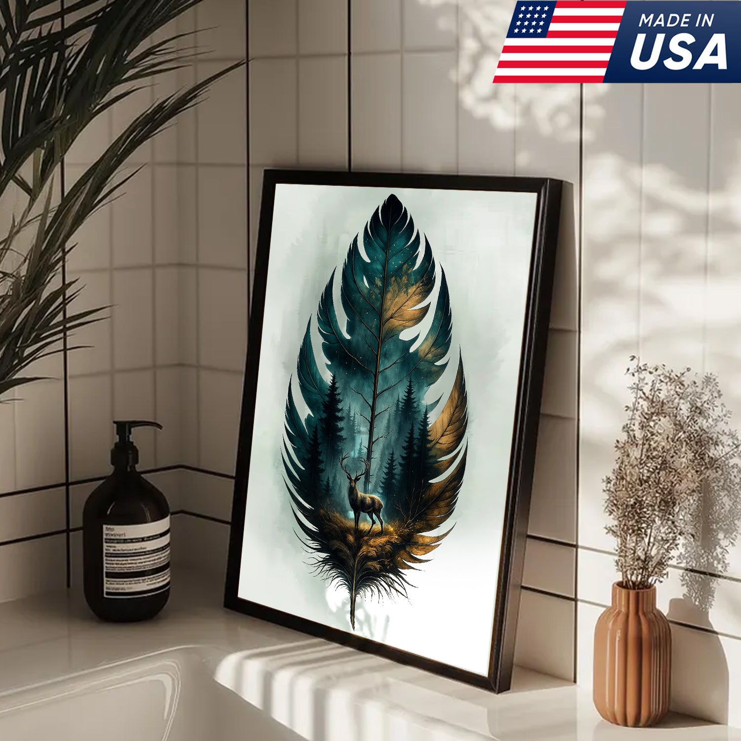 Rustic Deer And Feather Canvas Wall Art – Nature Forest Wildlife Print – Cabin & Lodge Hunting Decor