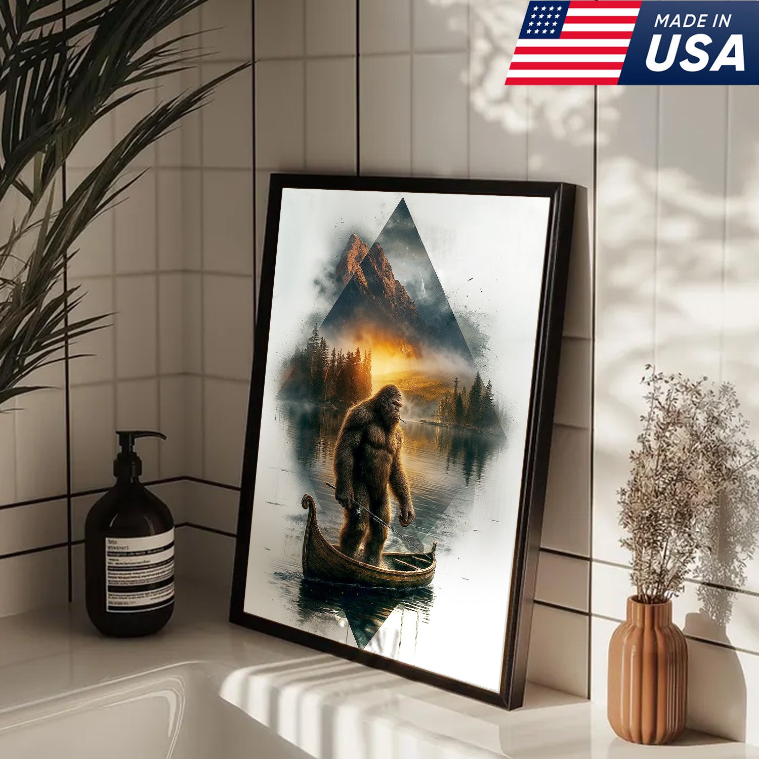 Bigfoot Fishing On Wooden Boat Adventure Canvas Wall Art – Mysterious Forest Lake Decor – Rustic Cabin & Lodge Artwork