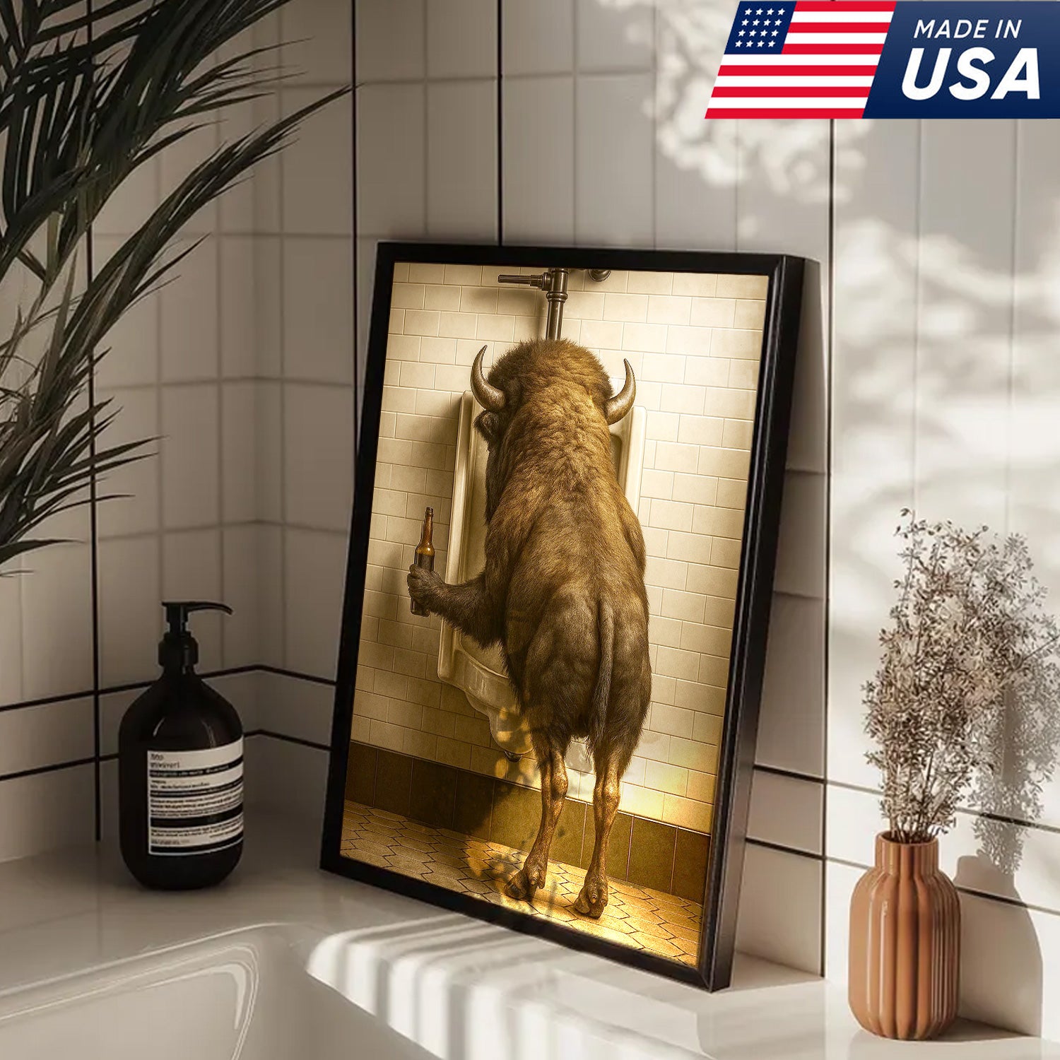 Funny Bison Canvas Wall Art - Rustic Bathroom Lodge Decor for Hunters - Unique Wildlife Cabin Print