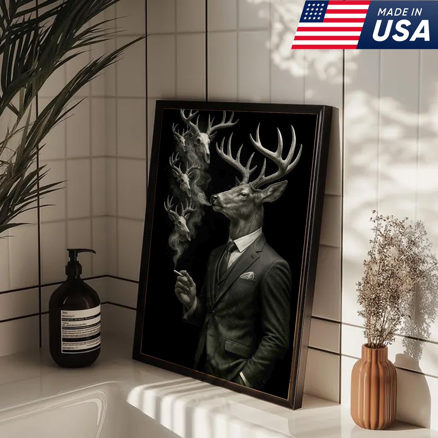 Gentleman Deer Canvas Wall Art, Elegant Buck in Suit Artwork, Rustic Cabin Decor for Hunters, Modern Wildlife Portrait Painting