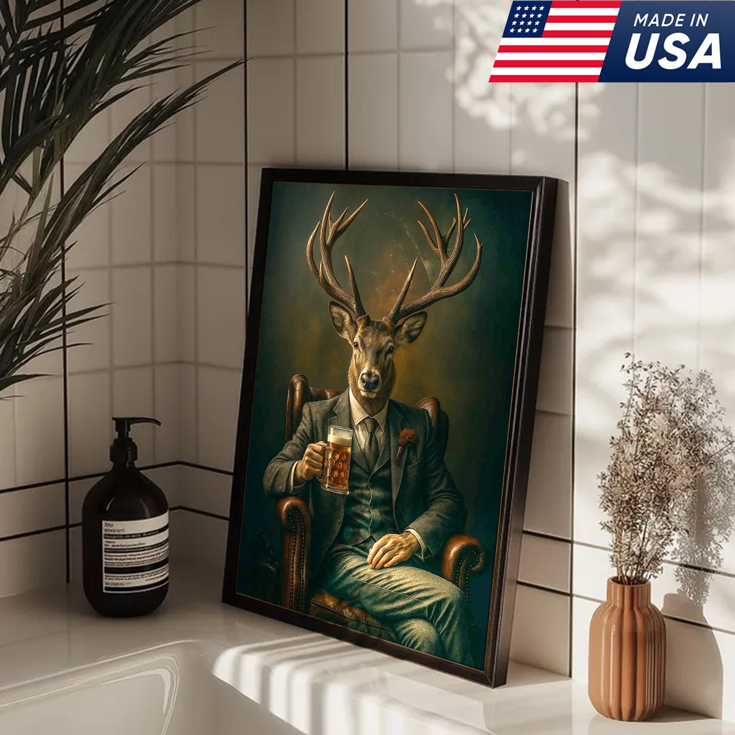 Deer Canvas Wall Art – Sophisticated Buck in Suit Holding Beer Rustic Lodge Decor for Hunters