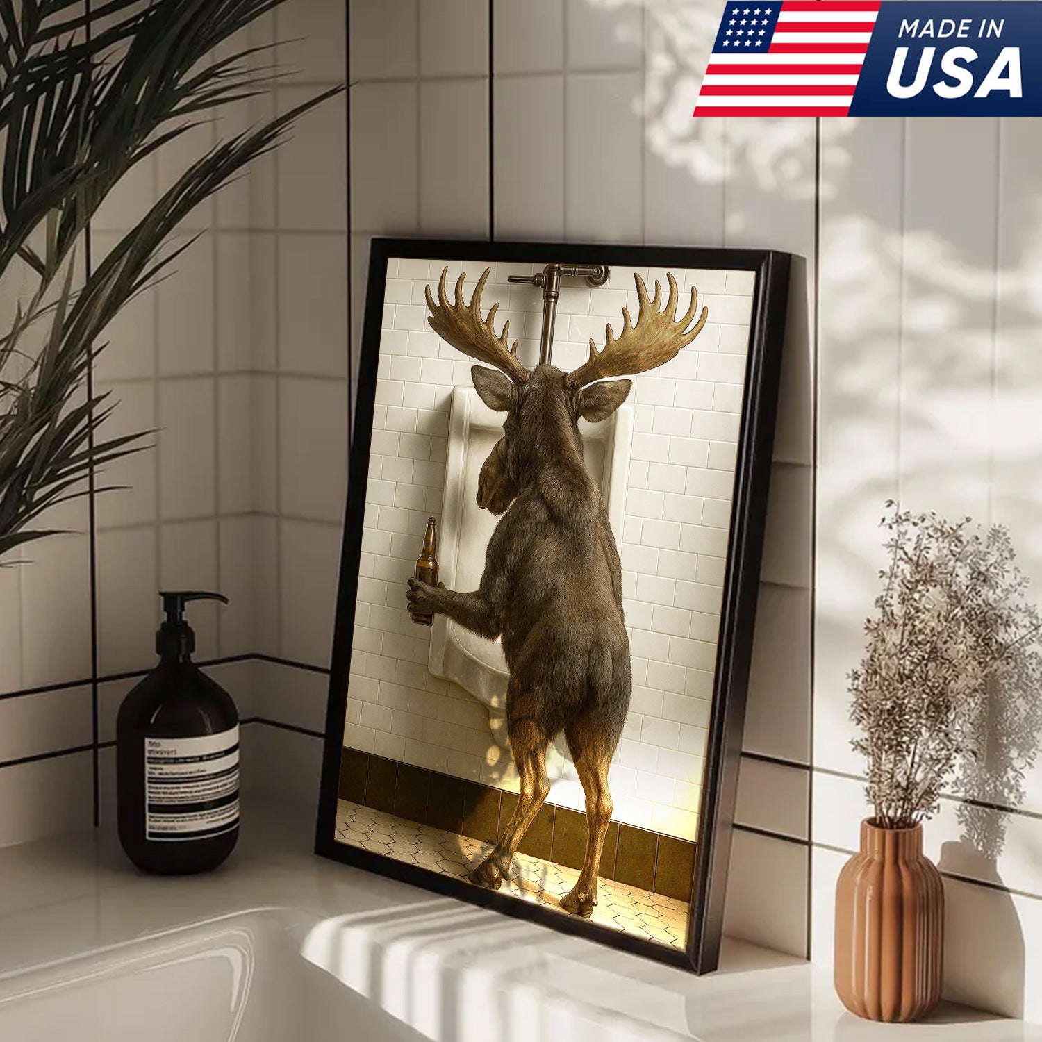 Moose Bathroom Canvas Wall Art - Funny Rustic Lodge Decor for Cabin and Hunting Enthusiasts - Wildlife Humor Print