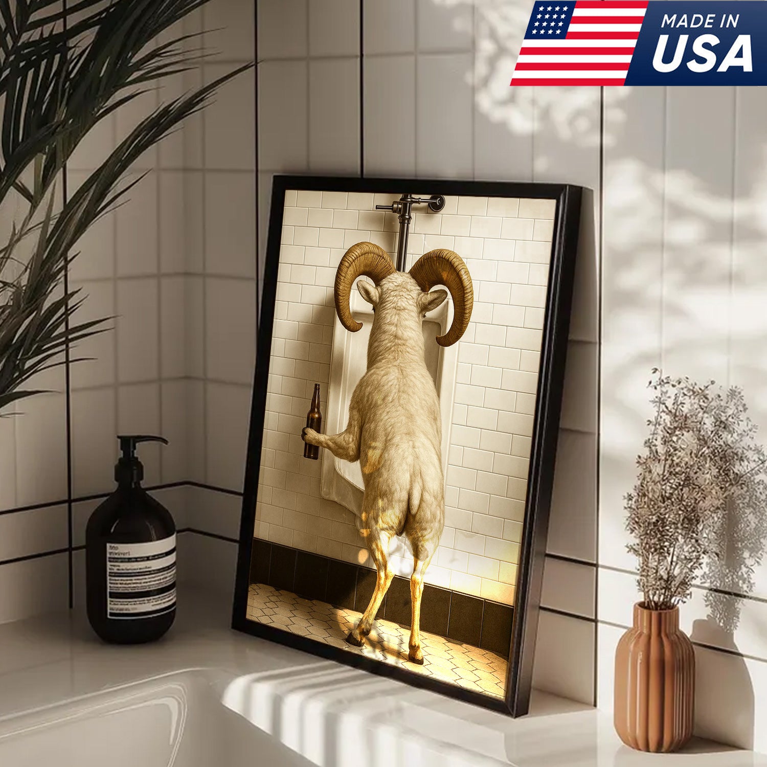 Whimsical Dall Sheep Canvas Wall Art - Funny Rustic Bathroom Decor for Cabin, Farmhouse, and Lodge - Wildlife Humor Print