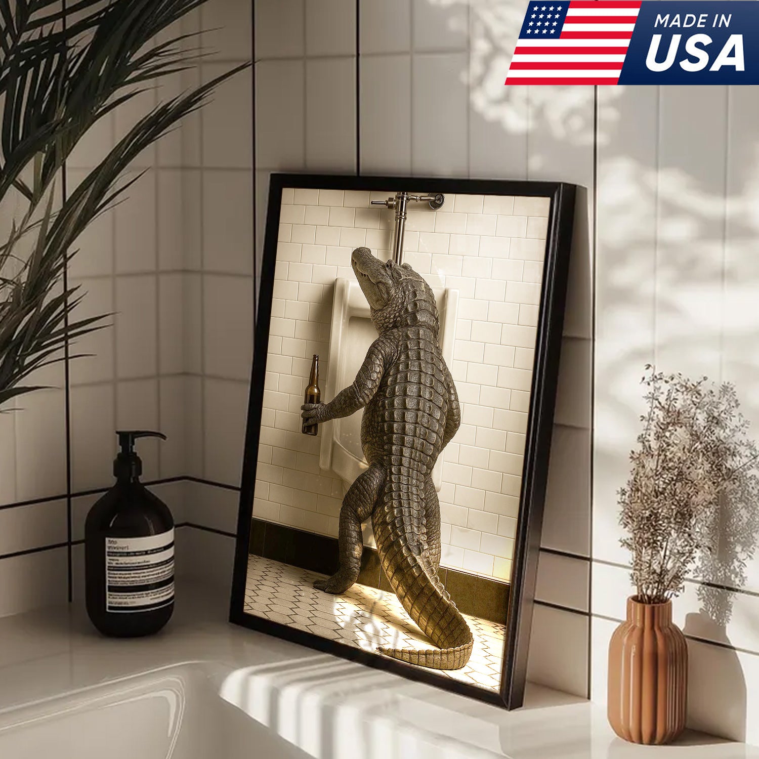 Alligator Bathroom Canvas Wall Art - Funny Rustic Lodge Decor for Cabin, Bar, and Wildlife Lovers - Unique Gator Print