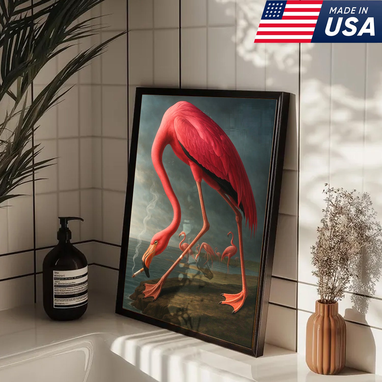 Cool Flamingo Canvas Wall Art – Funny Pink Bird Beach Decor – Unique Coastal Wildlife Print