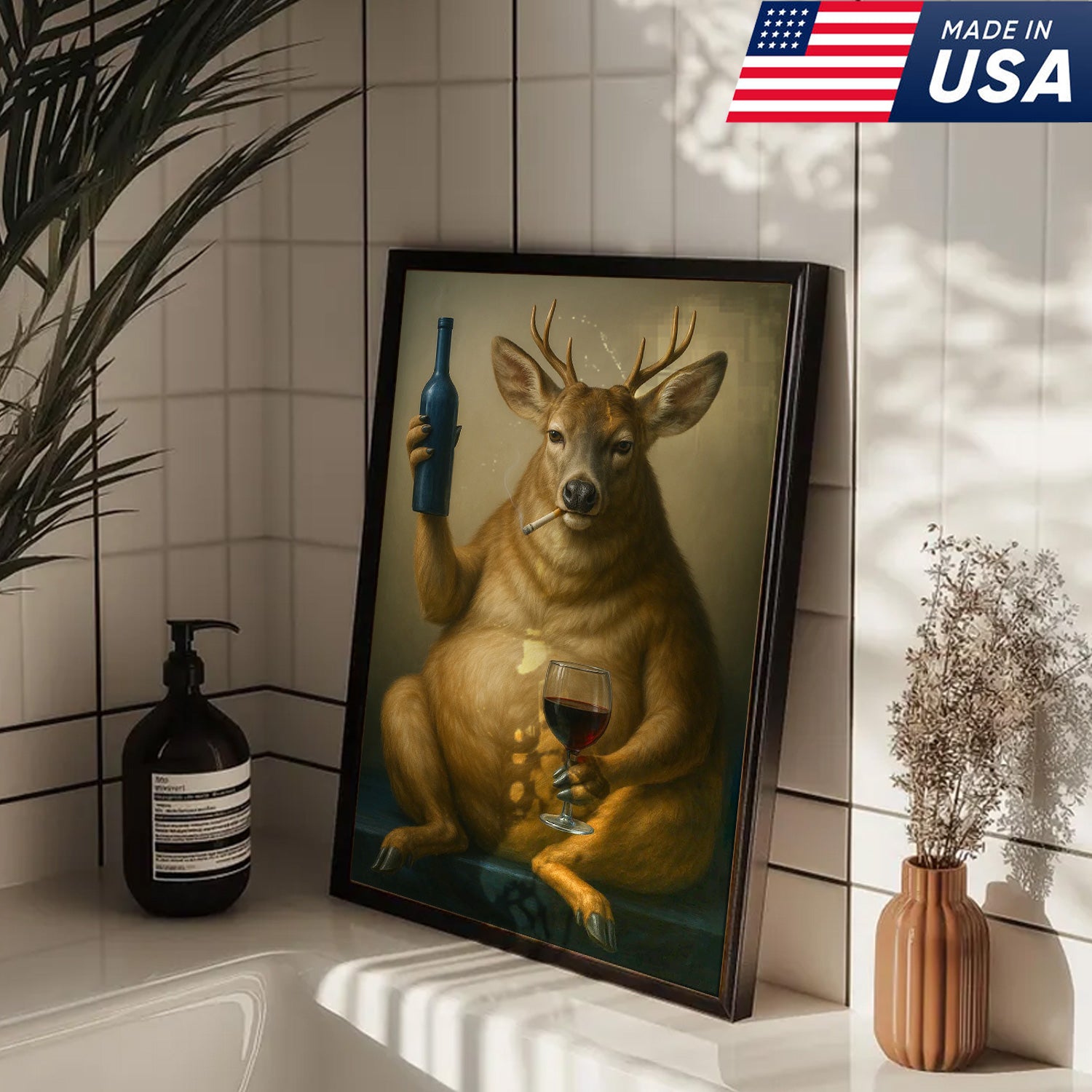 Funny Deer Wall Art Canvas – Fat Buck with Wine Glass Rustic Lodge Decor – Whimsical Wildlife Hunting Home Decoration