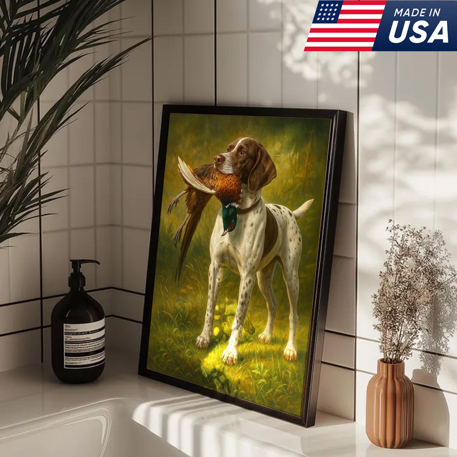 Hunting Dog Canvas Wall Art – Hunting Dog with Pheasant – Rustic Wildlife Canvas Print for Hunter Lodge Decor