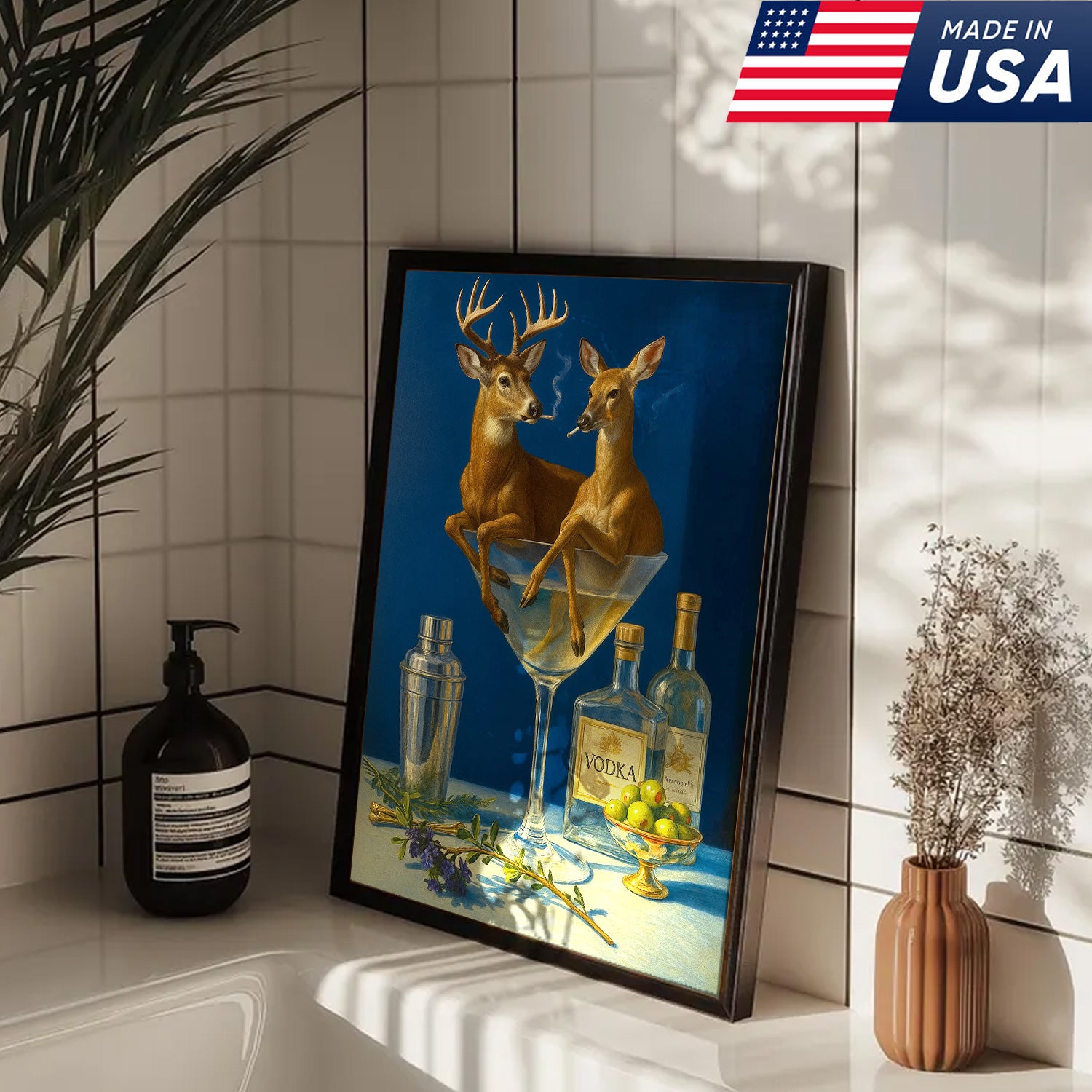 Funny Deer Couple Wall Art Canvas – Whimsical Buck and Doe in Martini Glass – Rustic Lodge Hunting Decor for Home Bar