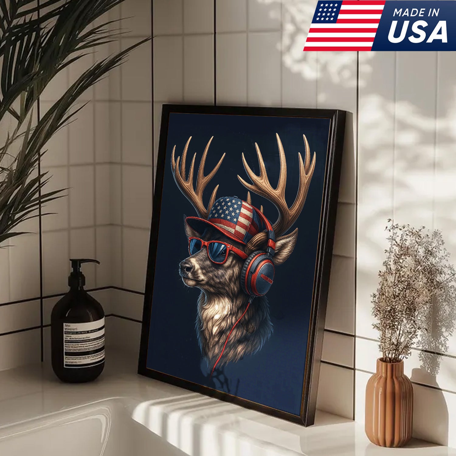 Patriotic Deer Wall Art Canvas – Cool Buck with American Flag Hat and Headphones – Rustic Hunting Lodge Decor USA
