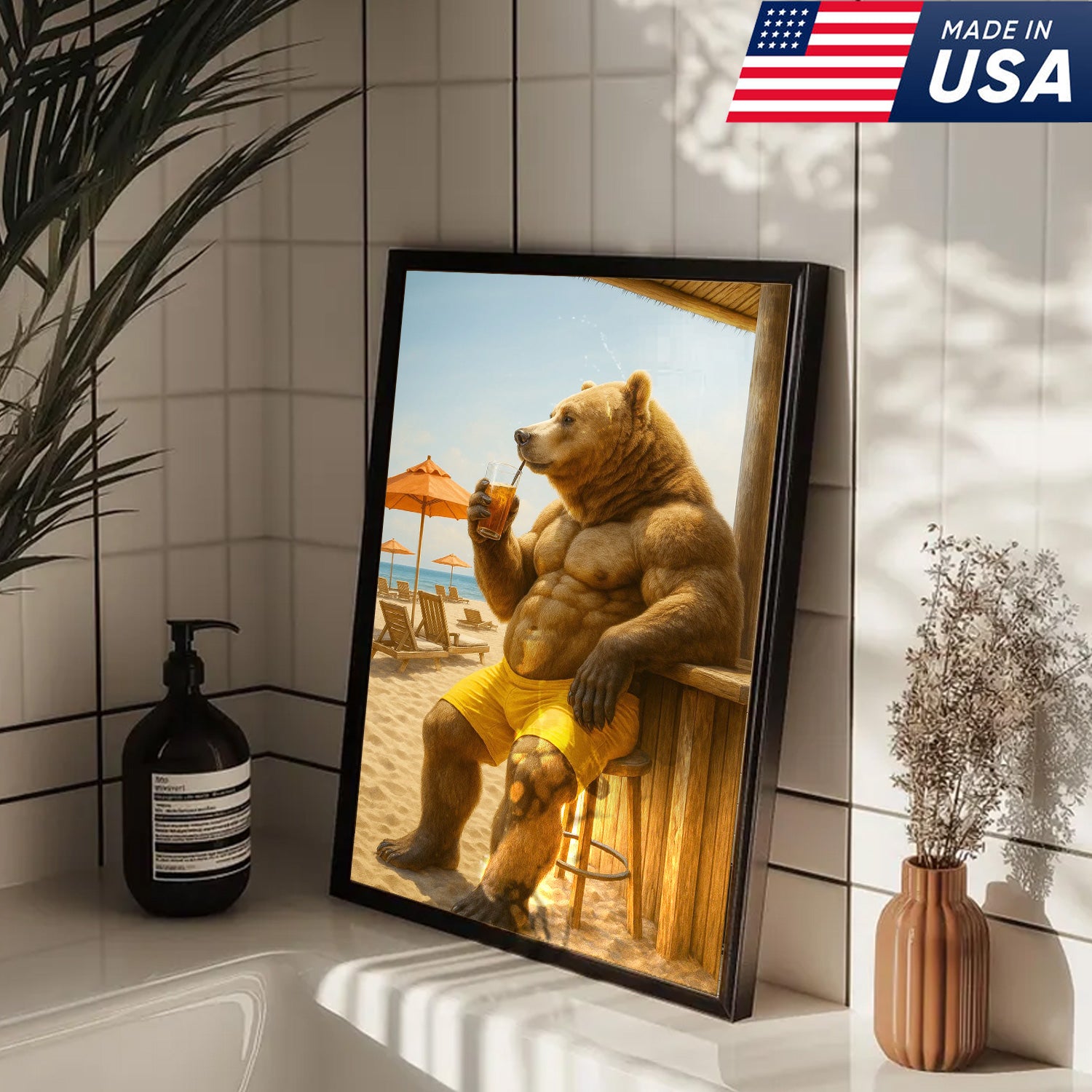 Funny Beach Bear Canvas Wall Art, Summer Vacation Animal Artwork, Humorous Muscle Bear Decor, Tropical Coastal Cabin Painting