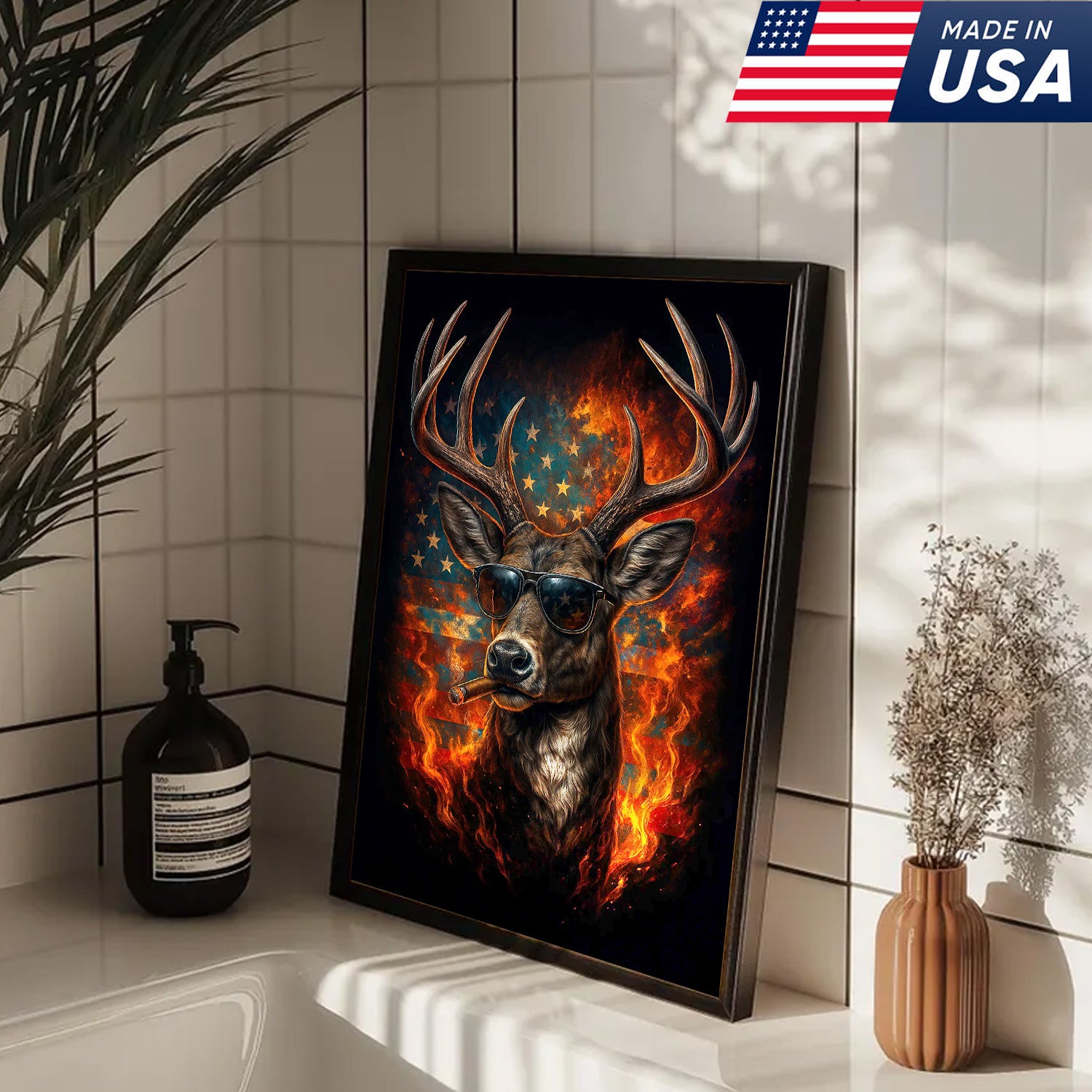 Patriotic Deer Wall Art Canvas – Cool Buck with Sunglasses and American Flag – Rustic Hunting Lodge Decor USA
